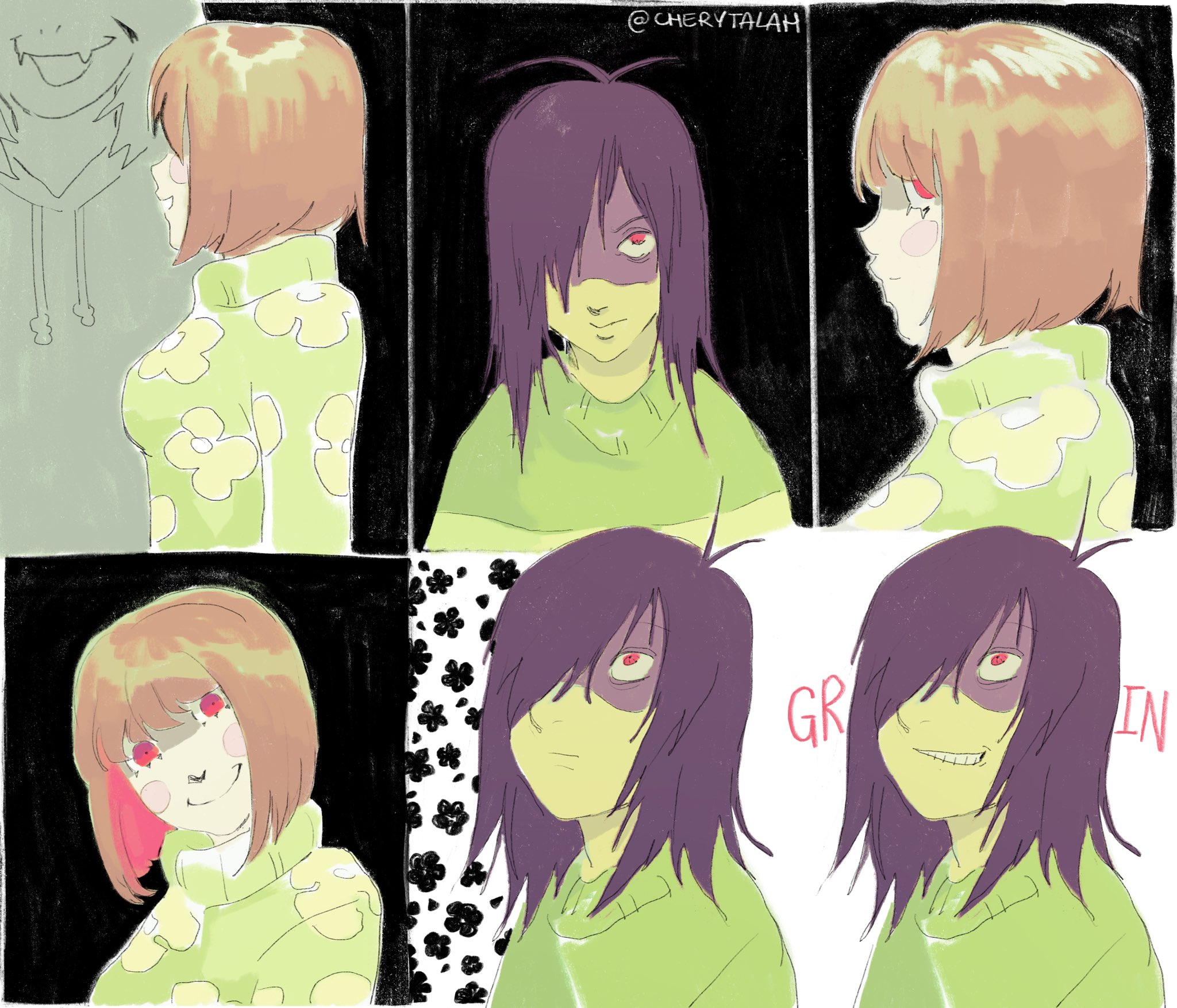 asriel dreemurr, chara (undertale), kris (deltarune), deltarune, undertale, utdr (toby fox), highres, blush, brown hair, colllrose, colored skin, messy hair, red eyes, smile, yellow skin