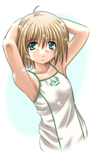 mishiki sakana, hand on head, ahoge, armpits, casual, green eyes, short hair, solo