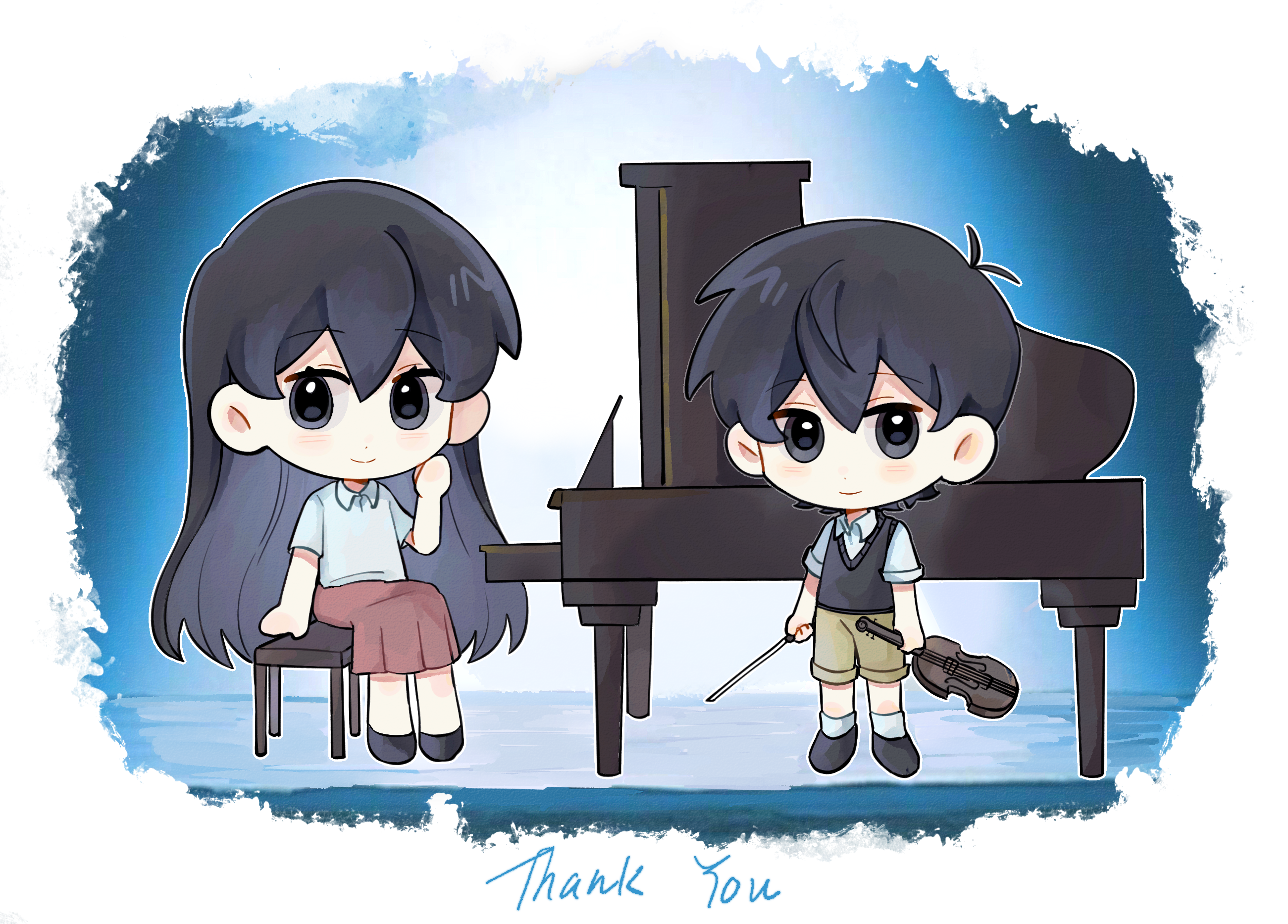 gongs0313, mari (faraway) (omori), mari (omori), sunny (omori), omori, highres, spoilers, 1boy, 1girl, ankle socks, antenna hair, arm support, arms at sides, bare arms, black eyes, black hair, black shoes, black sweater vest, blue background, border, bow (music), brother and sister, brown shorts, brown skirt, closed mouth, collared shirt, double-parted bangs, flat chest, full body, grand piano, hair behind ear, hair between eyes, hand on own cheek, hand on own face, hand up, holding, holding bow (music), holding instrument, holding violin, instrument, long hair, looking at viewer, medium skirt, on bench, outline, piano, piano bench, shirt, shoes, short hair, short sleeves, shorts, siblings, simple background, sitting, skirt, smile, socks, stage, standing, straight hair, sweater vest, very long hair, very short hair, violin, white border, white outline, white shirt, white socks