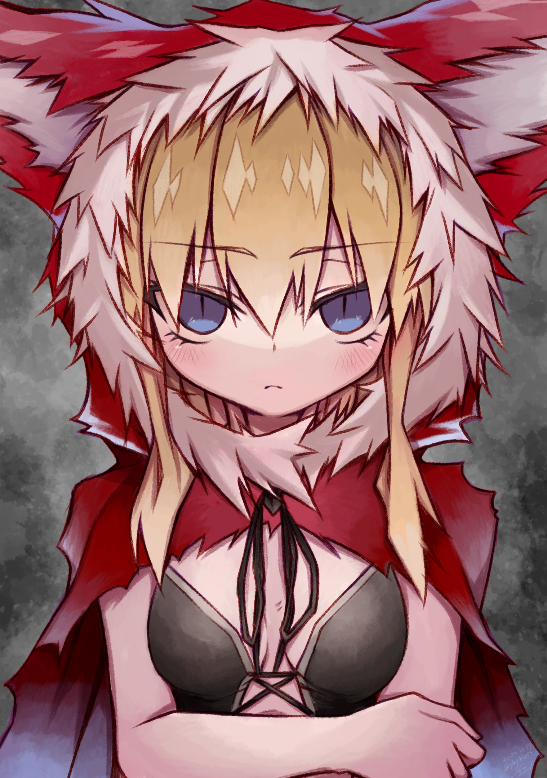 yuuki hiyayako, red hood (black souls), black souls, absurdres, highres, 1girl, animal ears, blonde hair, blue eyes, blush, breasts, cape, expressionless, hood, hood up, hooded cape, looking at viewer, red hood, small breasts, solo, wolf ears