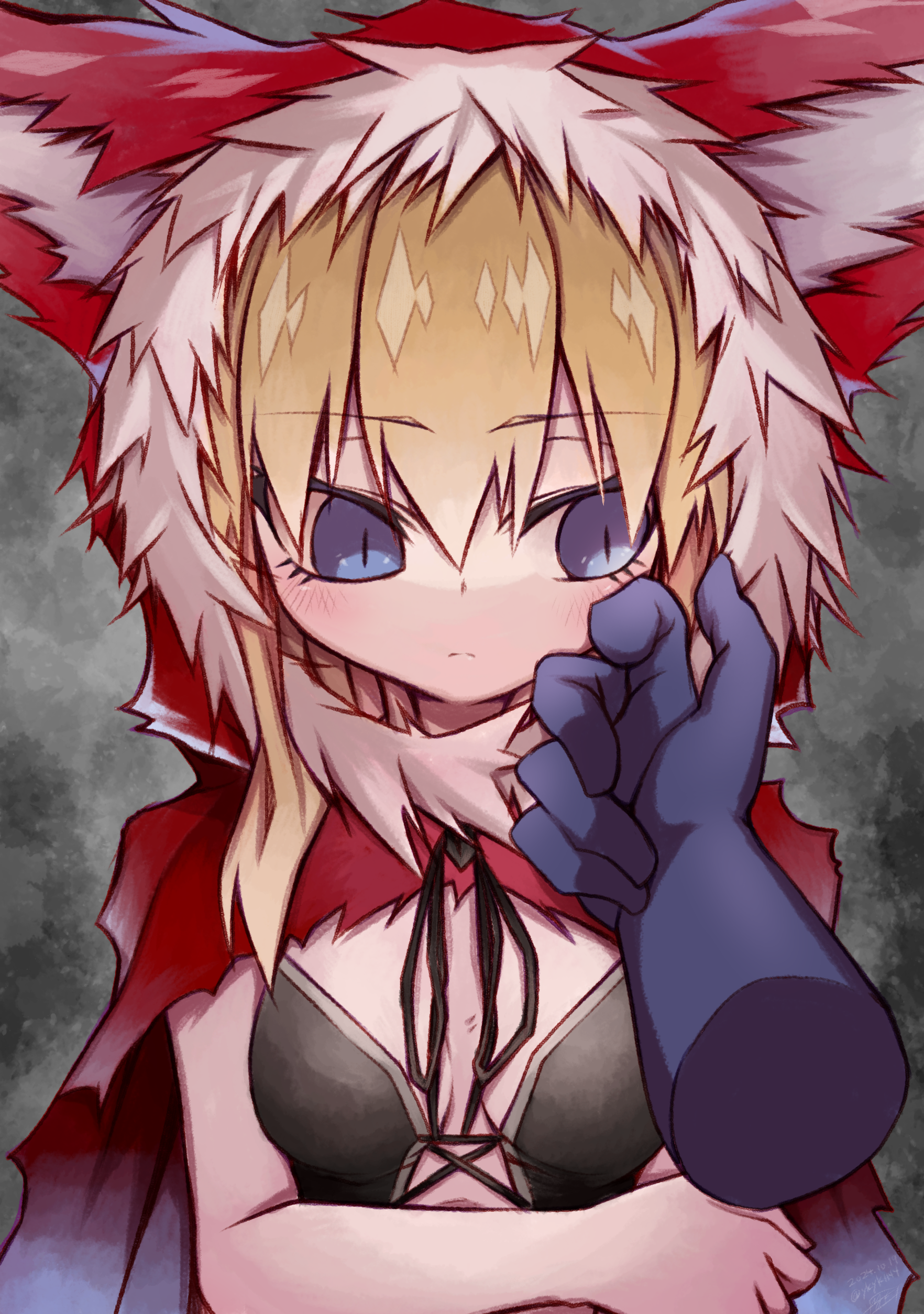 yuuki hiyayako, red hood (black souls), black souls, absurdres, highres, 1boy, 1girl, animal ears, blonde hair, blue eyes, blush, breasts, cape, caressing cheek, disembodied hand, expressionless, hood, hood up, hooded cape, looking at viewer, red hood, small breasts, wolf ears