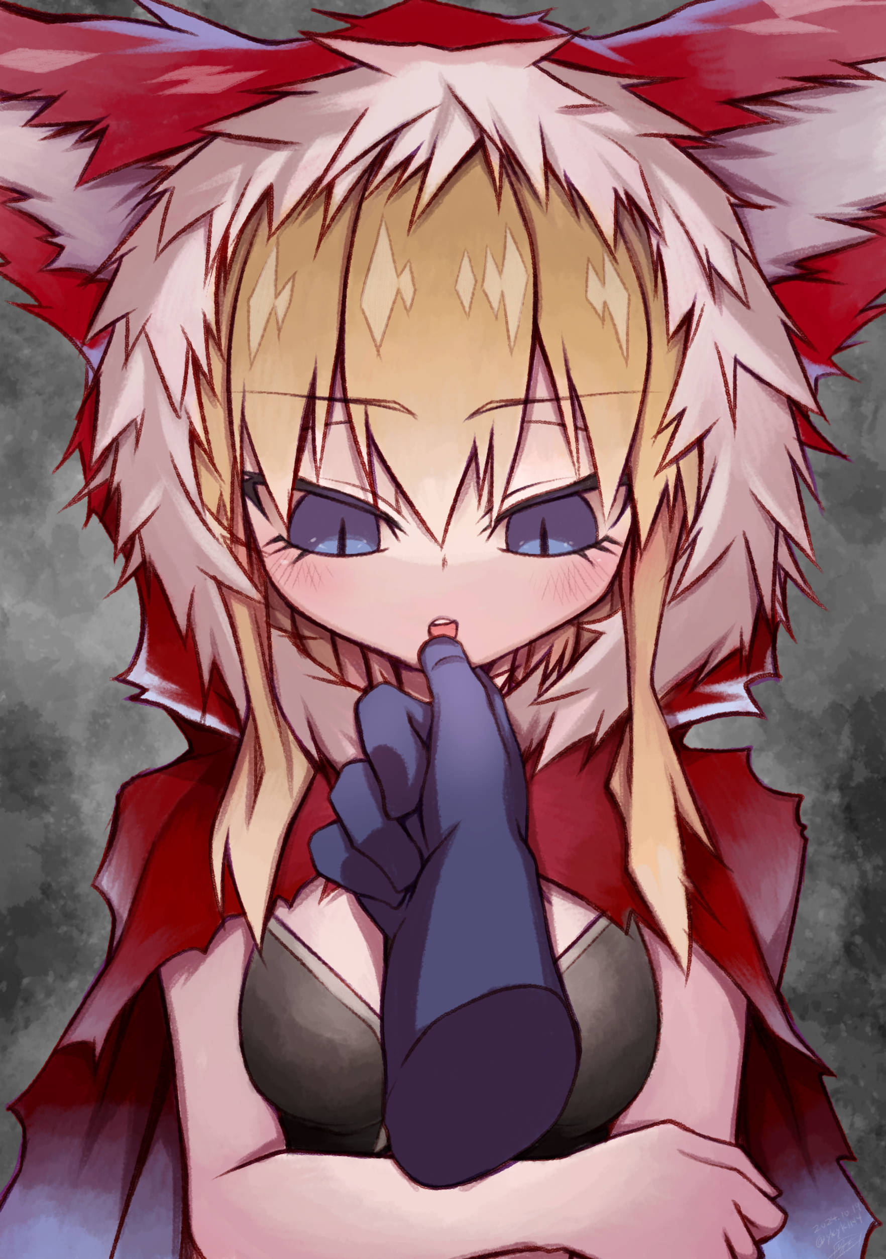 yuuki hiyayako, red hood (black souls), black souls, absurdres, highres, 1boy, 1girl, animal ears, blonde hair, blue eyes, blush, breasts, cape, disembodied hand, expressionless, hood, hood up, hooded cape, looking at viewer, mouth pull, red hood, small breasts, wolf ears