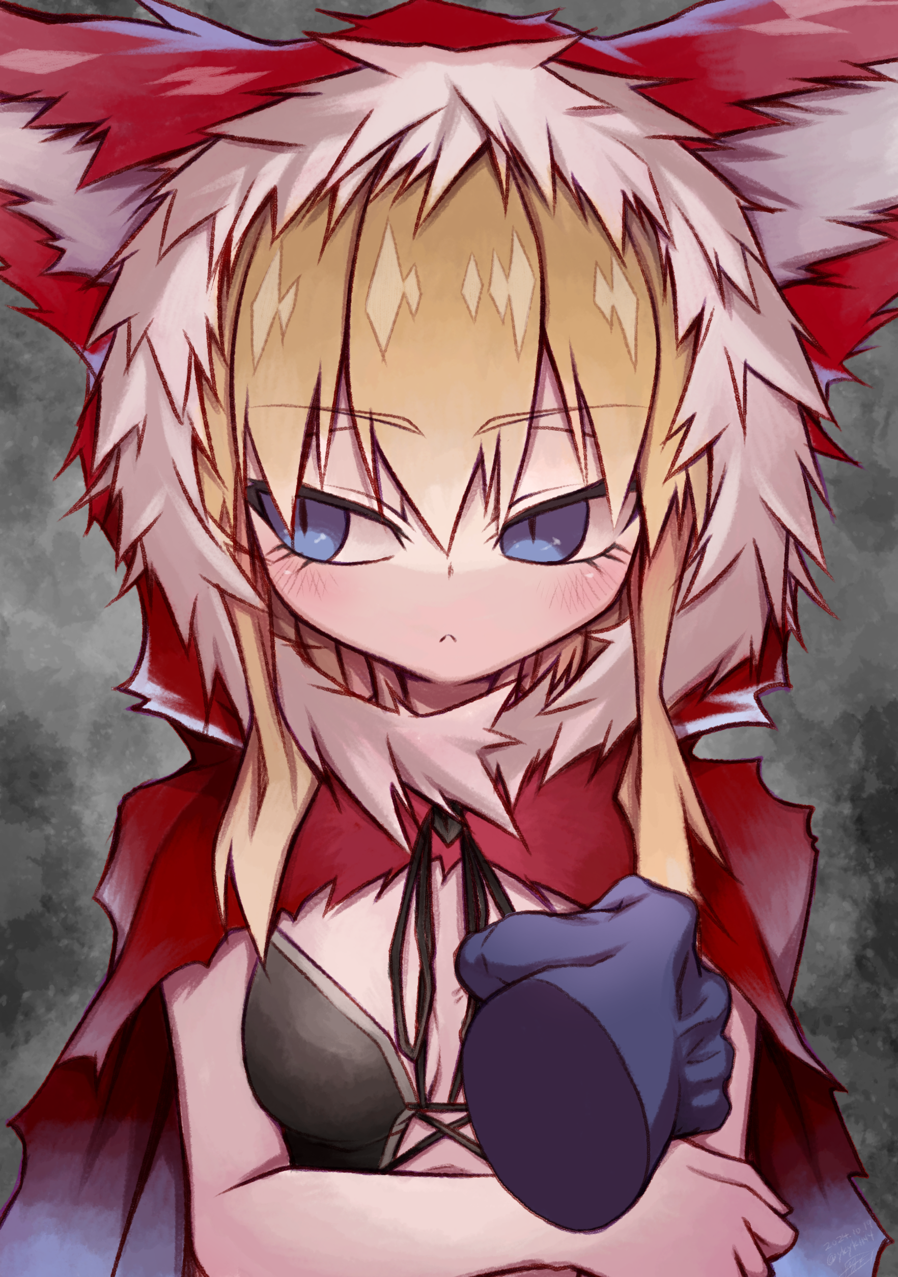 yuuki hiyayako, red hood (black souls), black souls, absurdres, highres, 1boy, 1girl, animal ears, blonde hair, blue eyes, blush, breasts, cape, disembodied hand, expressionless, grabbing another's breast, groping, hood, hood up, hooded cape, looking at viewer, red hood, small breasts, wolf ears