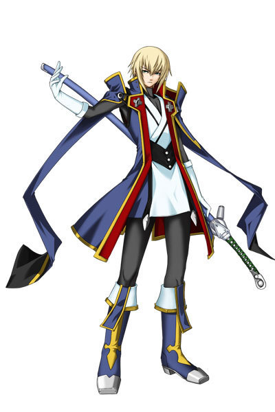 mori toshimichi, kisaragi jin, arc system works, blazblue, blazblue: calamity trigger, official art, 1boy, blonde hair, blue boots, bodysuit, boots, frown, full body, gloves, green eyes, huge weapon, jacket, knee boots, male focus, open clothes, open jacket, ribbon, sheath, short hair, simple background, solo, standing, sword, turtleneck, weapon, yukianesa
