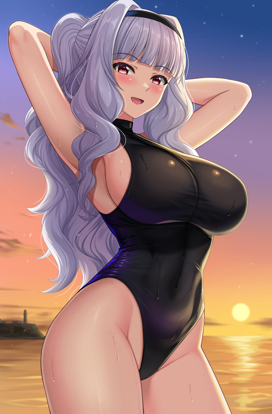 shibata rai, shijou takane, idolmaster, idolmaster (classic), idolmaster million live!, idolmaster million live! theater days, highres, 1girl, armpits, arms behind head, arms up, bare shoulders, beach, black one-piece swimsuit, blush, breasts, covered navel, gradient sky, grey hair, hairband, highleg, highleg one-piece swimsuit, large breasts, long hair, ocean, one-piece swimsuit, open mouth, orange sky, ponytail, purple eyes, purple sky, sideboob, sidelocks, sky, smile, solo, sunset, swimsuit, thighs, twilight