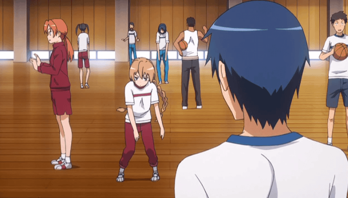 aisaka taiga, kihara maya, takasu ryuuji, toradora!, animated, animated gif, anime screenshot, 00s, 3girls, 5boys, braid, brown eyes, brown hair, gym uniform, multiple boys, multiple girls, short twintails, twin braids, twintails
