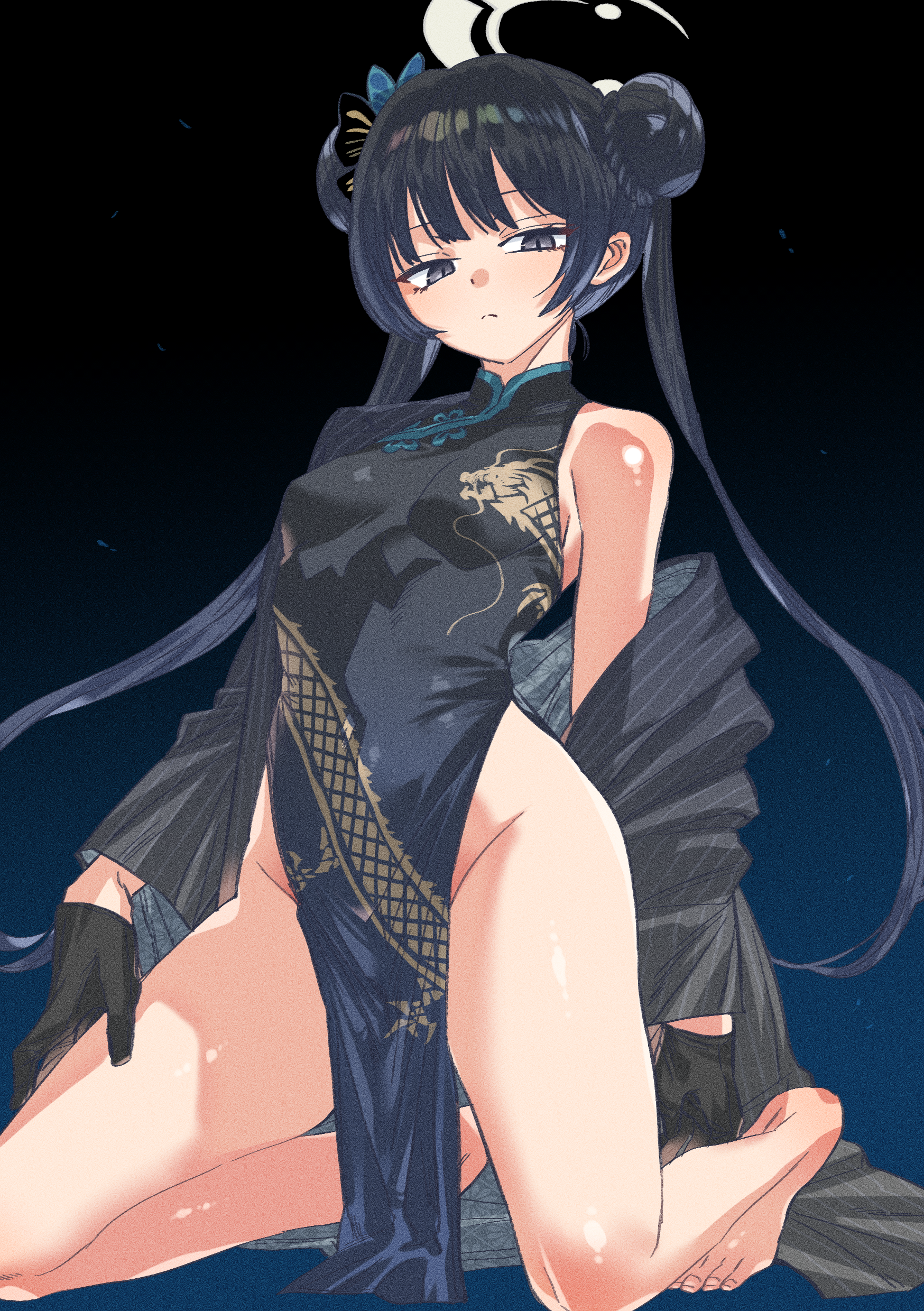 kisaki (blue archive), blue archive, absurdres, highres, 1girl, barefoot, black dress, black eyes, black gloves, black hair, black suit, breasts, china dress, chinese clothes, double bun, dress, formal clothes, gloves, grey halo, groin, hair bun, halo, kneeling, long hair, looking at viewer, namaniku (user nxxf7457), pelvic curtain, single bare shoulder, small breasts, solo, suit, thighs, twintails