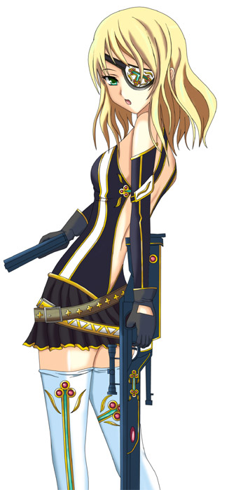 natsuzakura yuuki, belt, blonde hair, eyepatch, gloves, green eyes, gun, handgun, pistol, rifle, scope, sniper rifle, solo, thighhighs, weapon, zettai ryouiki