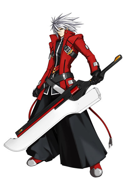 mori toshimichi, ragna the bloodedge, arc system works, blazblue, blazblue: calamity trigger, official art, 1boy, belt, black pants, boots, cable, frown, full body, gloves, green eyes, hakama, hakama pants, heterochromia, huge weapon, jacket, japanese clothes, male focus, open clothes, open jacket, pants, red eyes, short hair, simple background, solo, spiked hair, standing, strap, sword, weapon, white background, white hair