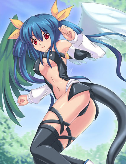 kaizeru, dizzy (guilty gear), arc system works, guilty gear, 1girl, asymmetrical wings, blue hair, bow, breasts, female focus, hair bow, ribbon, small breasts, solo, tail, thighhighs, underboob, wings