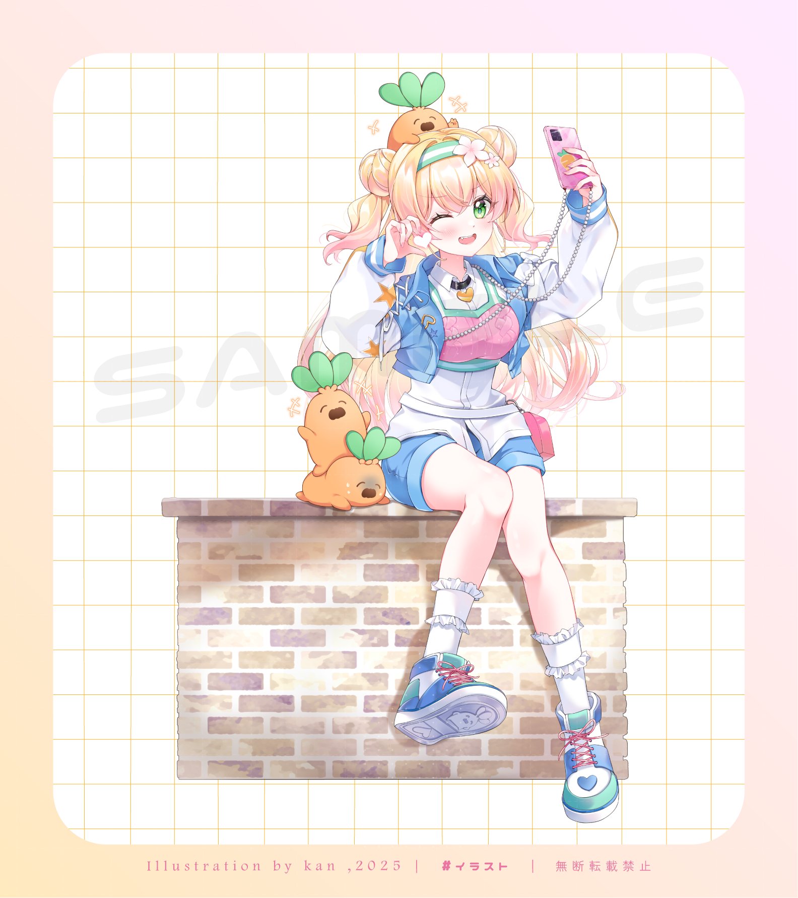 kan (kan0108), momosuzu nene, nekko (momosuzu nene), hololive, commentary request, highres, 1girl, aqua shoes, artist name, blonde hair, blue jacket, blue shoes, blue shorts, border, cellphone, collared shirt, cropped jacket, crossed bangs, double bun, fang, finger heart, flower, frilled socks, frills, full body, gradient border, gradient hair, green eyes, green headband, grid background, hair bun, hair flower, hair ornament, headband, heart, jacket, knees together feet apart, long hair, lying, multicolored hair, multicolored jacket, multicolored shoes, on back, on head, one eye closed, open clothes, open jacket, open mouth, orange border, phone, pink border, pink flower, pink hair, sample watermark, selfie, shirt, shoes, shorts, sidelocks, smartphone, smile, sneakers, socks, taking picture, teeth, two-tone headband, two-tone jacket, two side up, upper teeth only, watermark, white jacket, white shirt, white shoes, white socks