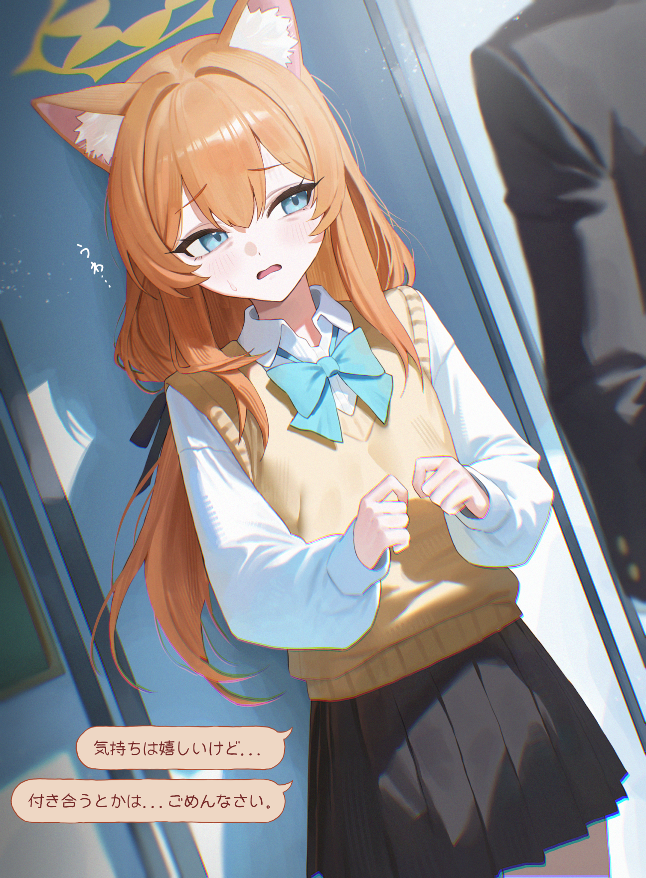 senriyama, mari (blue archive), blue archive, highres, 1boy, 1girl, animal ear fluff, animal ears, black jacket, black skirt, blue bow, blue eyes, blush, bow, cat ears, cat girl, collared shirt, hair between eyes, halo, jacket, long hair, looking at another, open mouth, orange hair, pleated skirt, shirt, sidelocks, skirt, sweatdrop, sweater, white shirt, yellow halo, yellow sweater