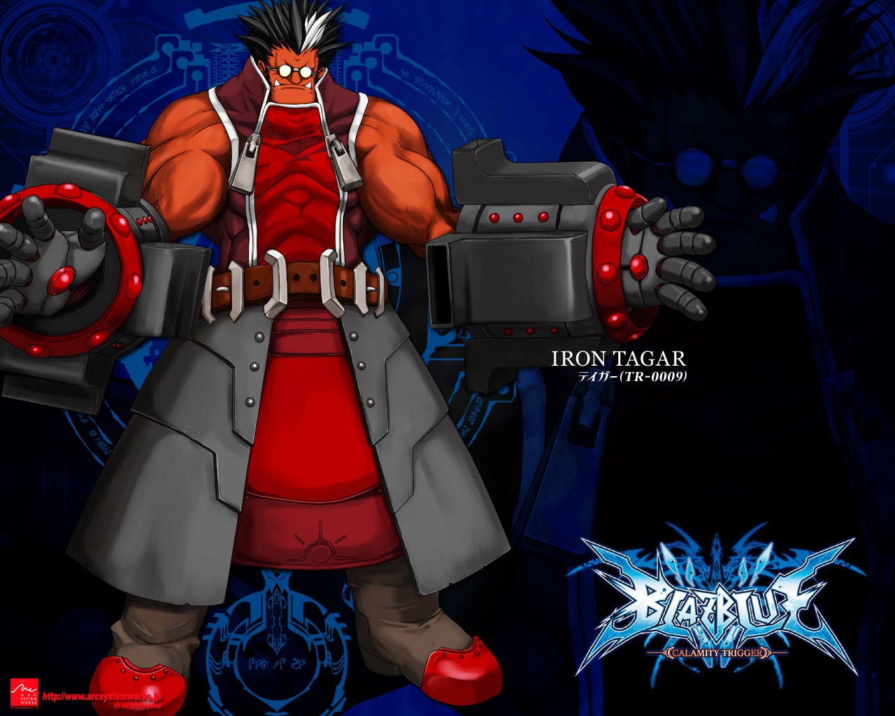 mori toshimichi, iron tager, arc system works, blazblue, blazblue: calamity trigger, official art, official wallpaper, 1boy, armor, belt, black hair, boots, colored skin, fangs, fighting stance, gauntlets, glasses, male focus, multicolored hair, muscular, red skin, short hair, skin tight, solo, spiked hair, standing, two-tone hair, white hair, zipper, zoom layer