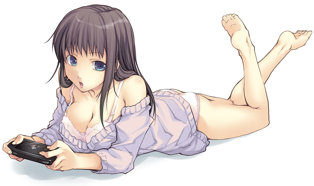 akari maki, 1girl, ass, barefoot, blue eyes, bra, breasts, brown hair, cleavage, feet, female focus, handheld game console, large breasts, legs up, lingerie, lips, long hair, lying, no pants, off shoulder, on stomach, open mouth, panties, playing games, playstation portable, shirt slip, solo, sweater, the pose, underwear, video game, white bra, white panties