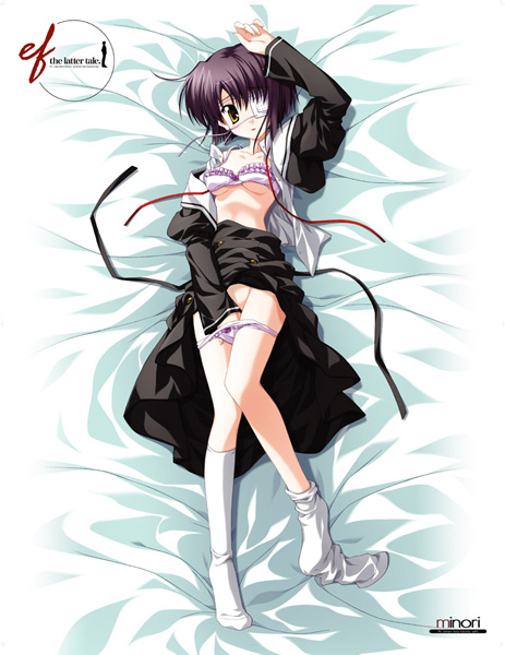 nanao naru, shindou chihiro, ef (visual novel), 00s, 1girl, bed, bra, clothes lift, eyepatch, female focus, female masturbation, full body, hand in panties, legs, lingerie, masturbation, open clothes, open shirt, panties, purple hair, ribbon, school uniform, serafuku, shirt, short hair, skirt, skirt lift, socks, solo, underwear, yellow eyes