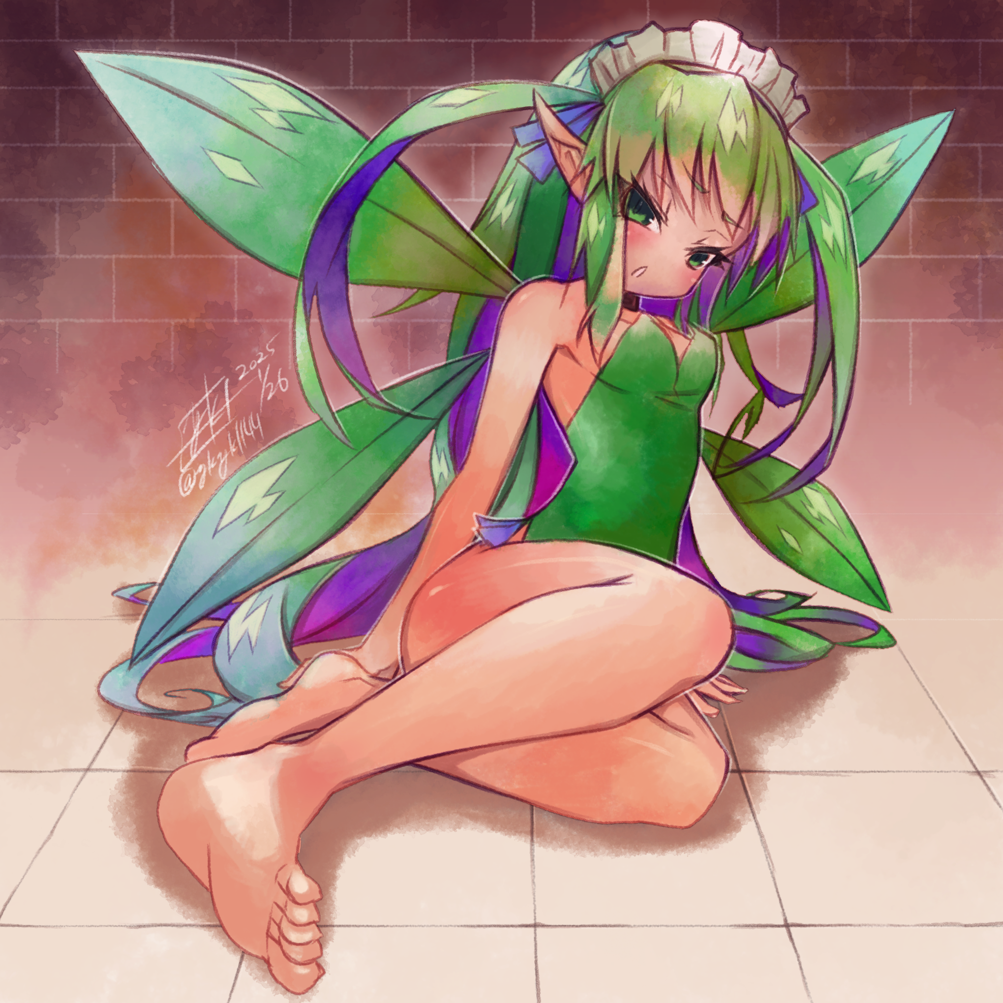 yuuki hiyayako, leaf (black souls), black souls, highres, 1girl, bare legs, barefoot, breasts, fairy, fairy wings, full body, green eyes, green hair, long hair, looking at viewer, maid headdress, naughty face, pointy ears, small breasts, solo, toes, wings