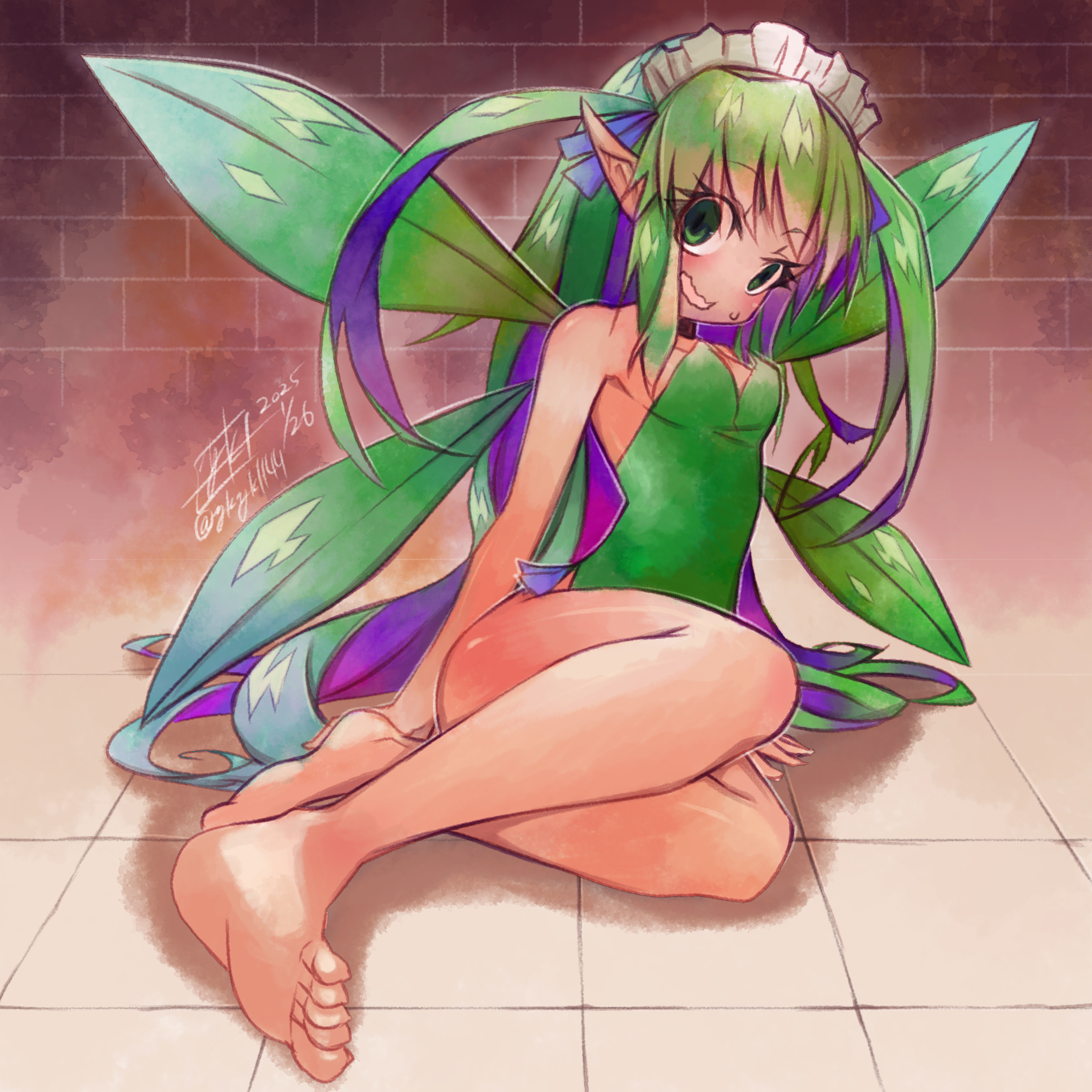 yuuki hiyayako, leaf (black souls), black souls, highres, 1girl, bare legs, barefoot, blush, breasts, embarrassed, fairy, fairy wings, full body, green eyes, green hair, long hair, looking at viewer, maid headdress, pointy ears, small breasts, solo, toes, wings