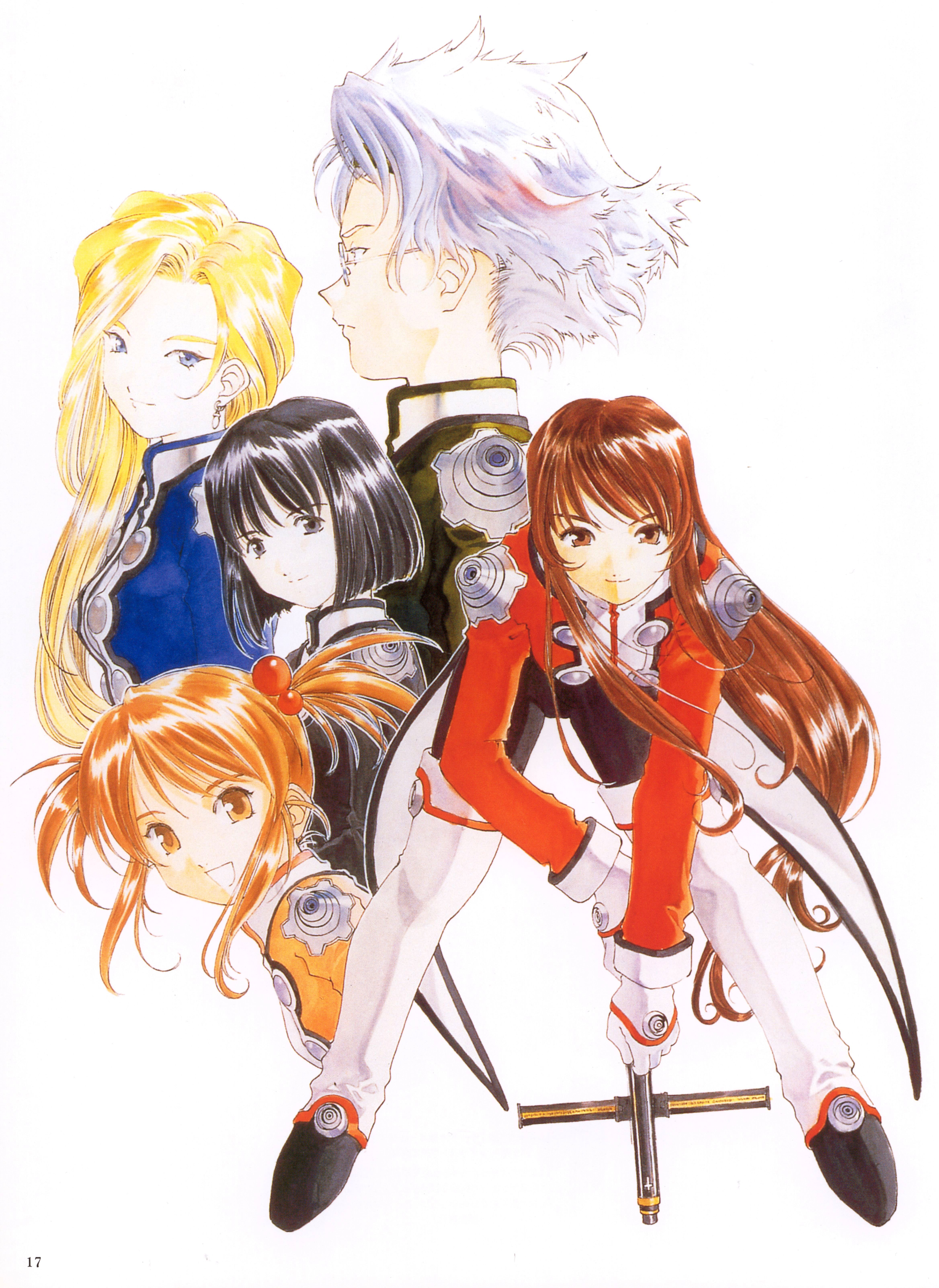 fujishima kousuke, coquelicot (sakura taisen), erica fontaine, glycine bleumer, kitaooji hanabi, lobelia carlini, sakura taisen, sakura taisen iii, sega, silver hair, uniform, absurdres, highres, official art, scan, 00s, 5girls, black hair, blonde hair, blue eyes, boots, brown eyes, brown hair, earrings, gloves, grey eyes, gun, headband, jewelry, long hair, multiple girls, short hair, smile, thigh boots, thighhighs, twintails, weapon