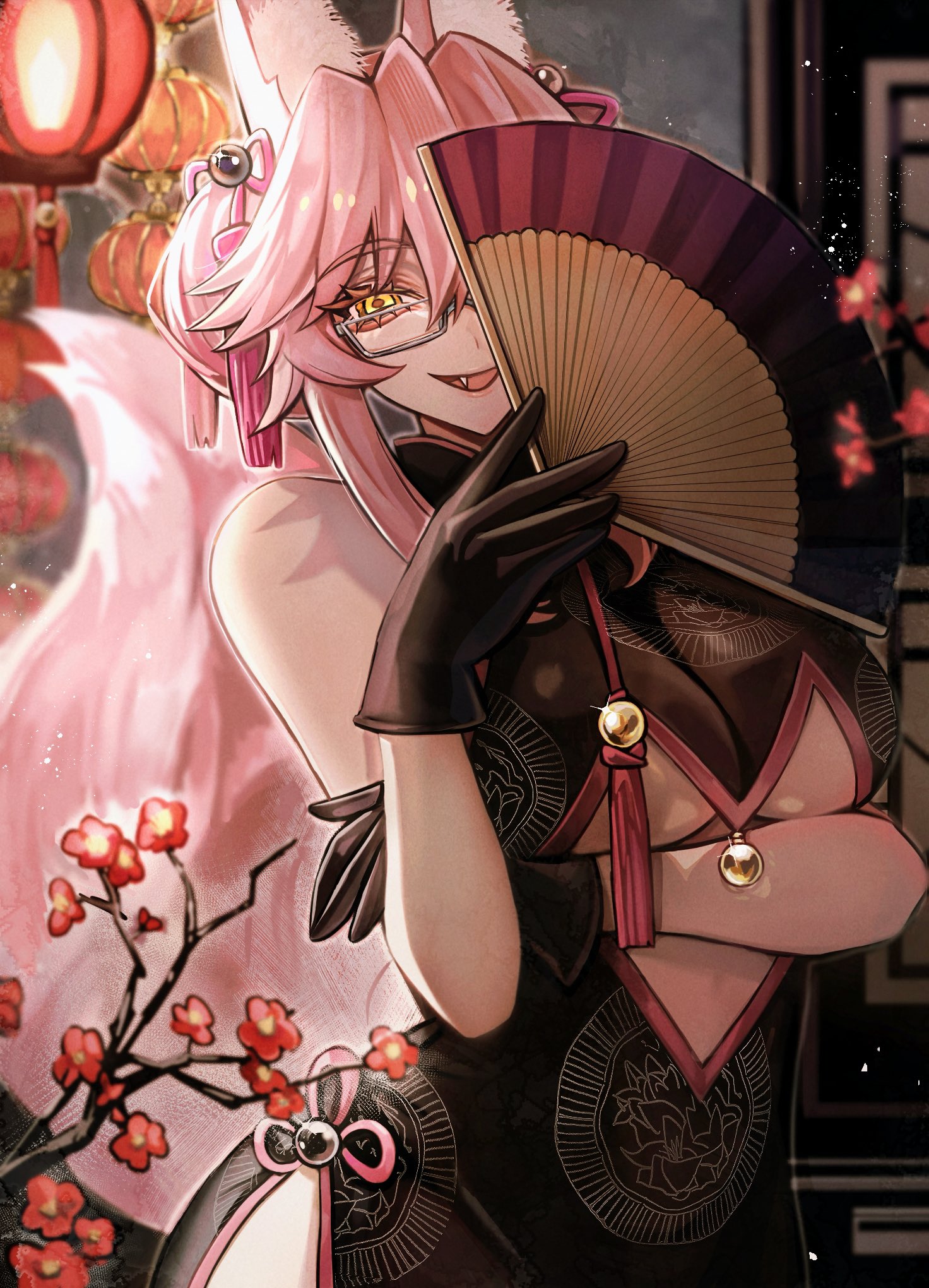 diandao qin, koyanskaya (chinese lostbelt outfit) (fate), koyanskaya (fate), fate/grand order, fate (series), highres, 1girl, animal ear fluff, animal ears, bare shoulders, bell, black dress, black gloves, breasts, center opening, china dress, chinese clothes, double bun, dress, fang, flower, folding fan, fox ears, fox girl, fox tail, glasses, gloves, hair between eyes, hair bun, hand fan, jingle bell, large breasts, long hair, looking at viewer, open mouth, pink hair, side slit, sidelocks, sleeveless, sleeveless dress, smile, solo, tail, tassel, underboob, yellow eyes