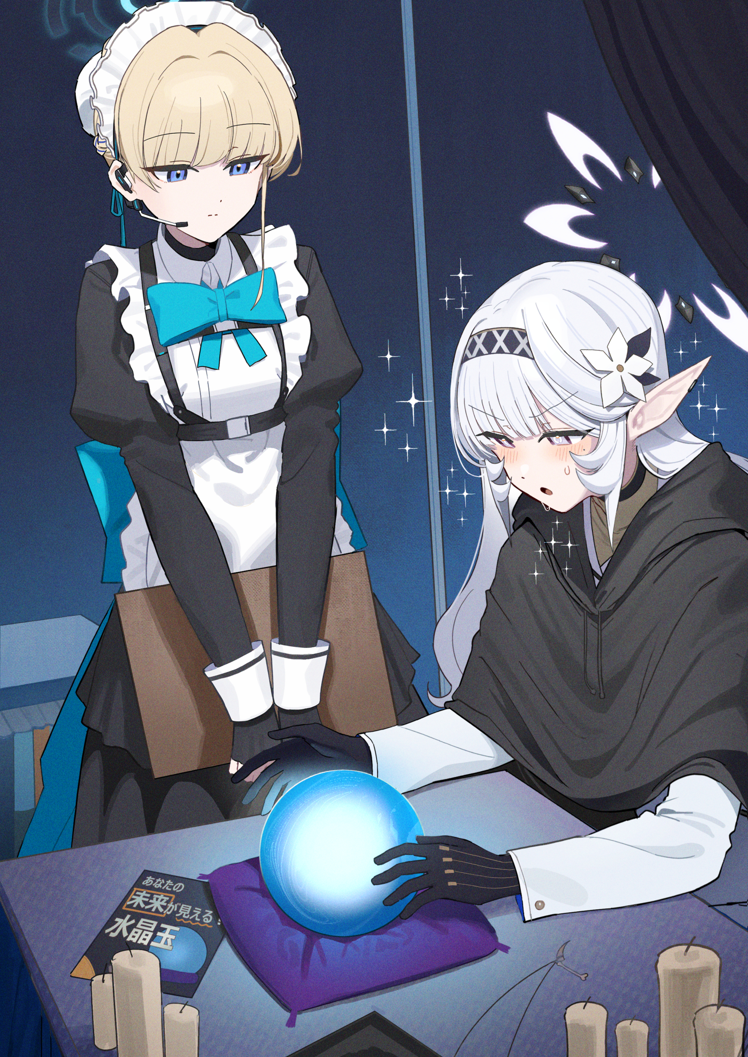 zanya 000, himari (blue archive), toki (blue archive), blue archive, highres, apron, black choker, blonde hair, blue bow, blue bowtie, blue eyes, bow, bowtie, bun cover, candle, choker, clipboard, crystal ball, earclip, earpiece, flower, hair bun, hair flower, hair ornament, hairband, halo, holding, holding clipboard, long hair, long pointy ears, long sleeves, maid, maid headdress, mole, mole under eye, multicolored halo, pointy ears, puffy long sleeves, puffy sleeves, striped clothes, striped hairband, two-tone halo, white apron, white hair, white halo