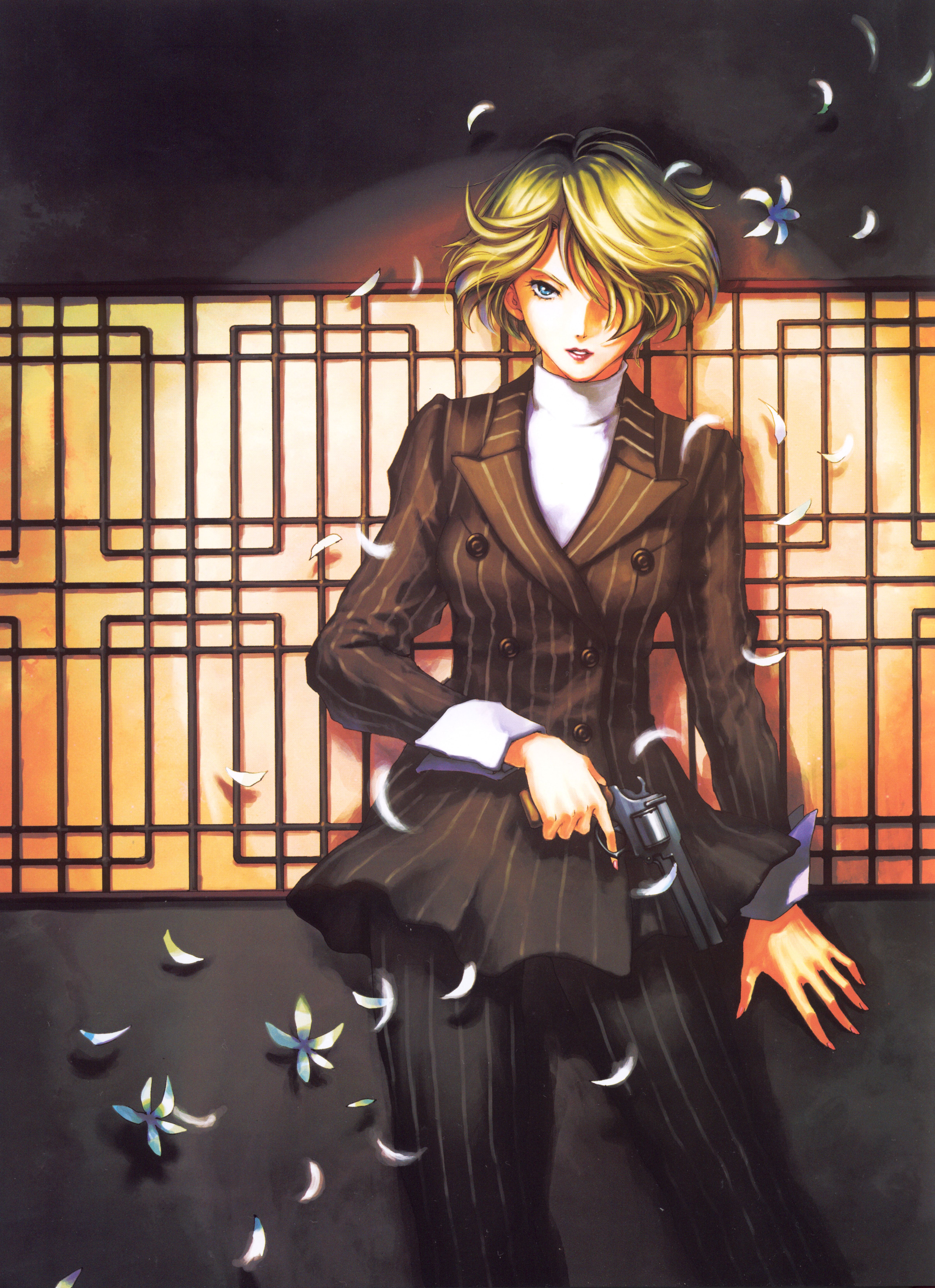 maria tachibana, sakura taisen, striped, absurdres, highres, scan, 00s, 1girl, blonde hair, blue eyes, finger on trigger, flower, formal clothes, gun, hair over one eye, handgun, holding, holding gun, holding weapon, looking at viewer, pant suit, pants, petals, pinstripe pattern, pinstripe suit, pistol, revolver, short hair, suit, turtleneck, weapon