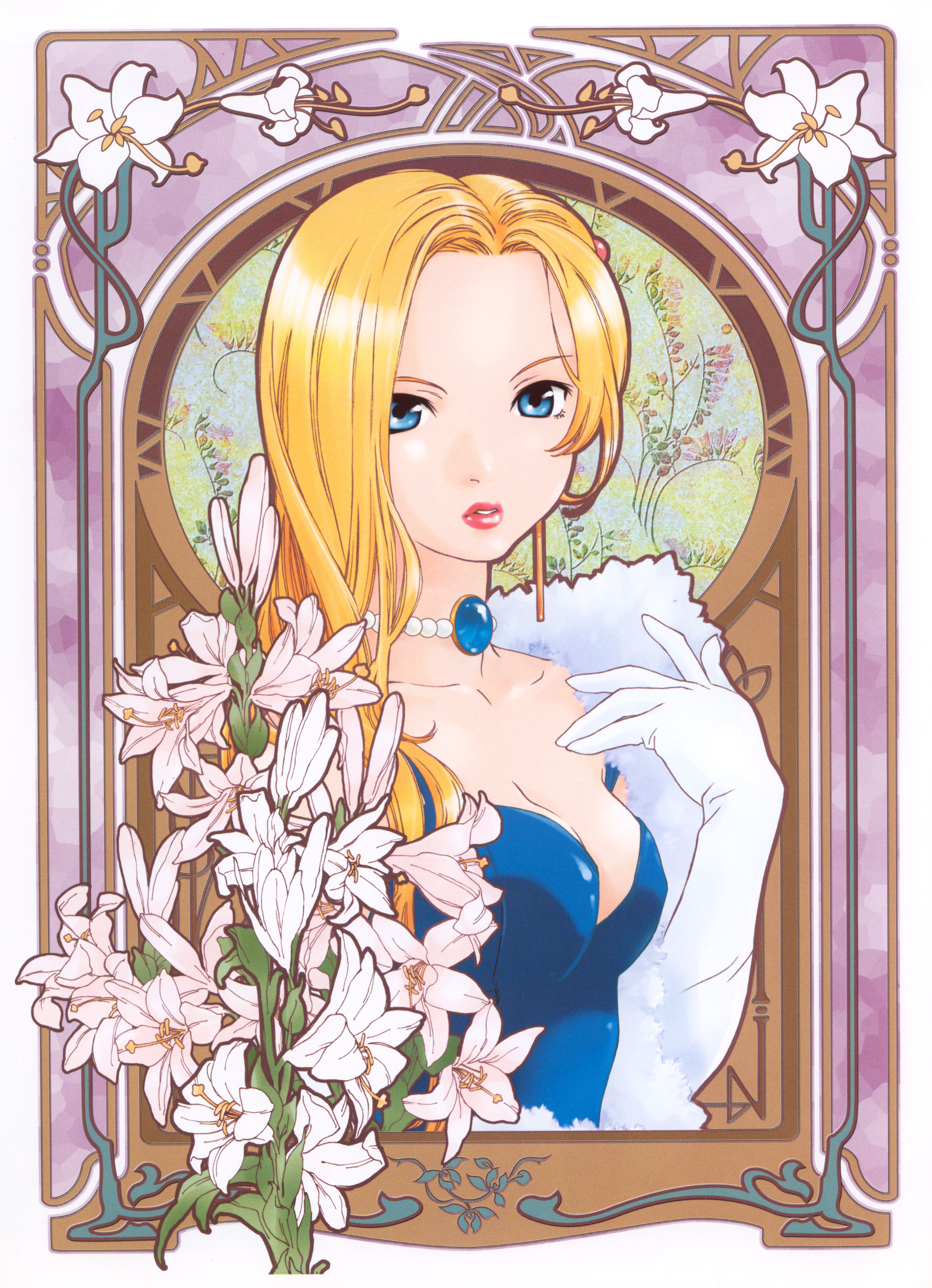 glycine bleumer, sakura taisen, sakura taisen iii, absurdres, highres, scan, 00s, art nouveau, blonde hair, blue eyes, breasts, cleavage, dress, elbow gloves, feather boa, flower, gloves, jewelry, long hair, mucha-esque, necklace