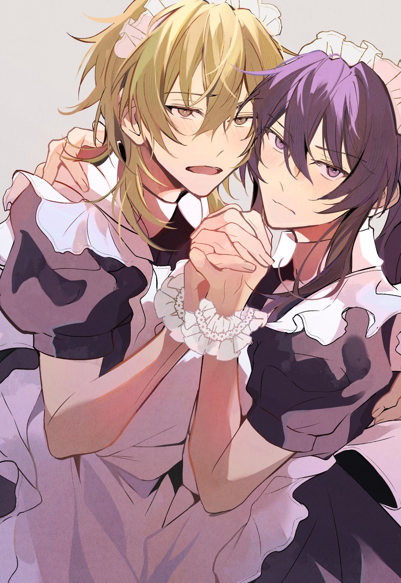 kaoso, hakaze kaoru, kanzaki souma, ensemble stars!, highres, 2boys, alternate costume, apron, arm around shoulder, back bow, black dress, blonde hair, blush, bow, cheek-to-cheek, cowboy shot, crossdressing, crossdressing (mtf), double-parted bangs, dress, dutch angle, embarrassed, frilled apron, frilled wrist cuffs, frills, grey background, hair between eyes, hand on another's shoulder, heads together, interlocked fingers, long hair, looking at viewer, maid, maid headdress, male focus, male maid, multiple boys, open mouth, peter pan collar, ponytail, puffy short sleeves, puffy sleeves, purple eyes, purple hair, raised eyebrow, short sleeves, sidelocks, single hair intake, wavy mouth, white apron, white wrist cuffs, wolf cut, wrist cuffs, yellow eyes