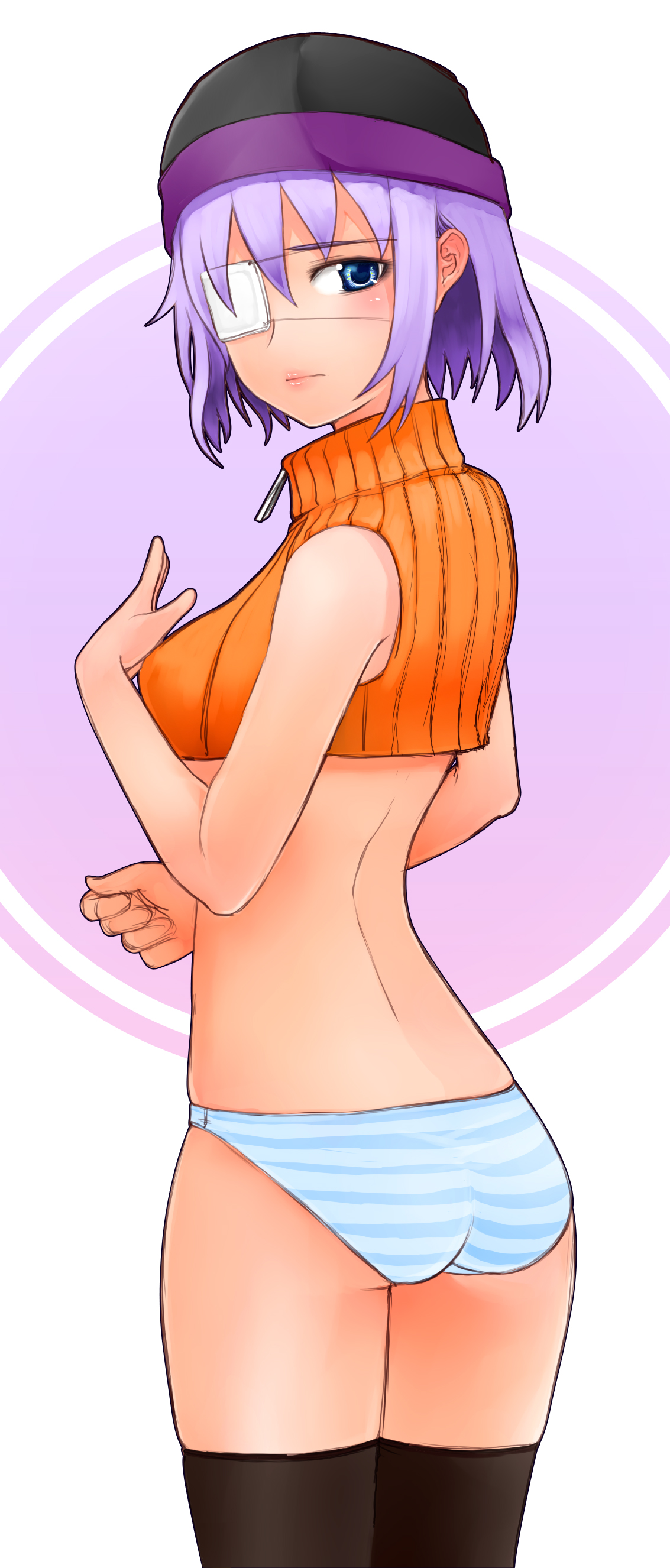 h (158cm), demoman (tf2), absurdres, highres, long image, tall image, ass, bare shoulders, beanie, blue eyes, eyepatch, hat, lips, panties, purple hair, short hair, sleeveless, sleeveless turtleneck, solo, striped clothes, striped panties, thighhighs, turtleneck, underwear