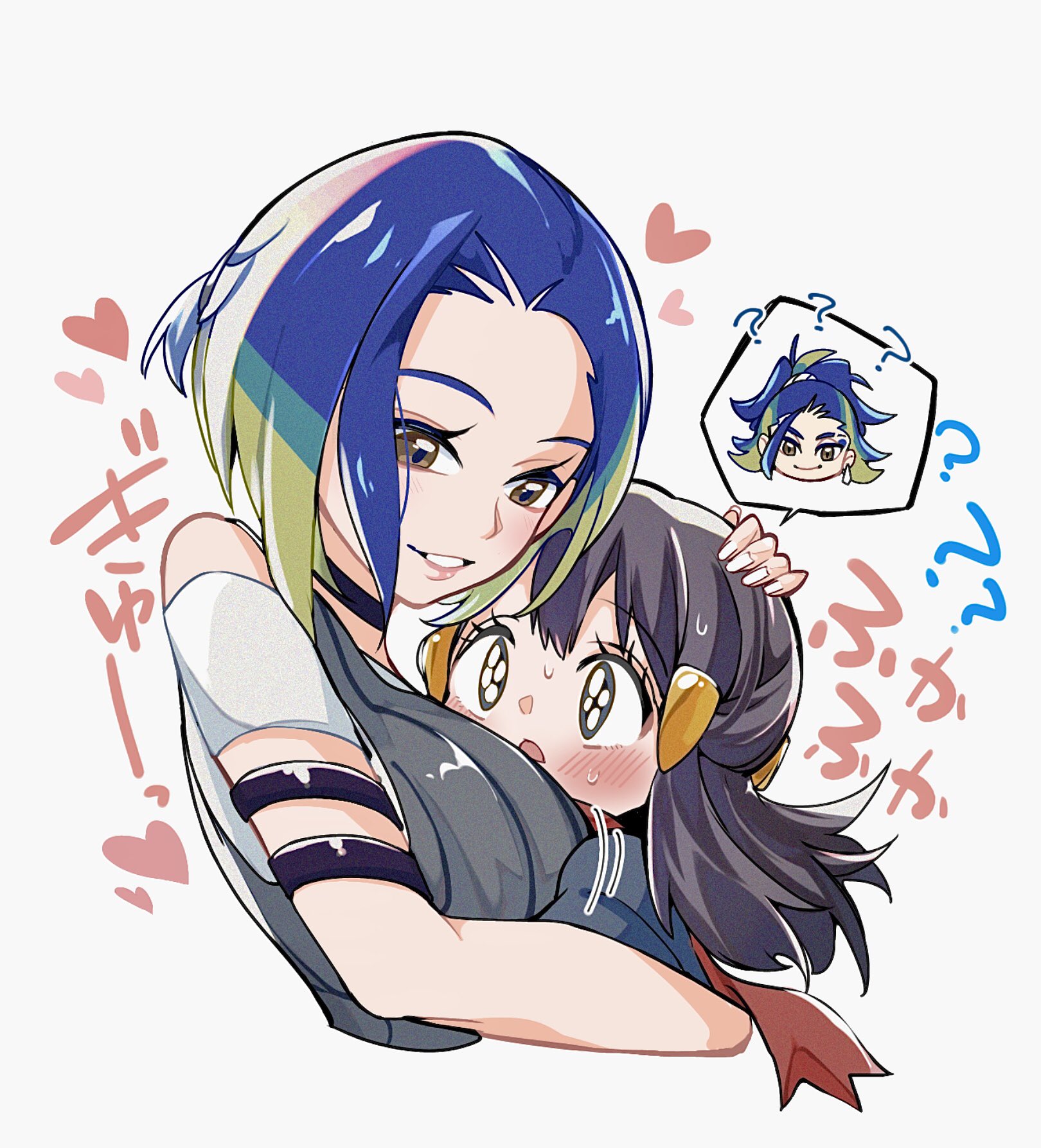 cocoa s3, adaman (pokemon), akari (pokemon), perrin (pokemon), nintendo, pokemon, pokemon legends: arceus, pokemon sv, highres, 1boy, 1girl, 2girls, armband, bare shoulders, black armband, black choker, black hair, blue hair, blush, bob cut, breasts, brown eyes, choker, closed mouth, earrings, eyebrow cut, galaxy expedition team survey corps uniform, green hair, grey eyes, grey shirt, grin, heart, hug, jacket, jewelry, large breasts, long hair, multicolored hair, multiple girls, off-shoulder shirt, off shoulder, open mouth, red scarf, ribbed shirt, scarf, shirt, short hair, sidelocks, sleeveless, sleeveless shirt, smile, speech bubble, thought bubble, undershirt, upper body