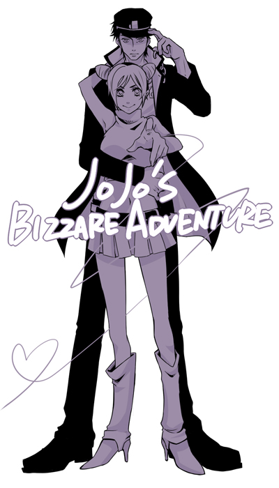 noritama (ibatan), noritama (pixiv94983), kuujou jolyne, kuujou joutarou, jojo no kimyou na bouken, stone ocean, bad id, bad pixiv id, 1boy, 1girl, age difference, bare shoulders, belt, boots, chain, double bun, father and daughter, gakuran, hat, heart, high heels, holding, midriff, miniskirt, monochrome, navel, purple theme, school uniform, serafuku, shoes, skirt, sleeveless, smile