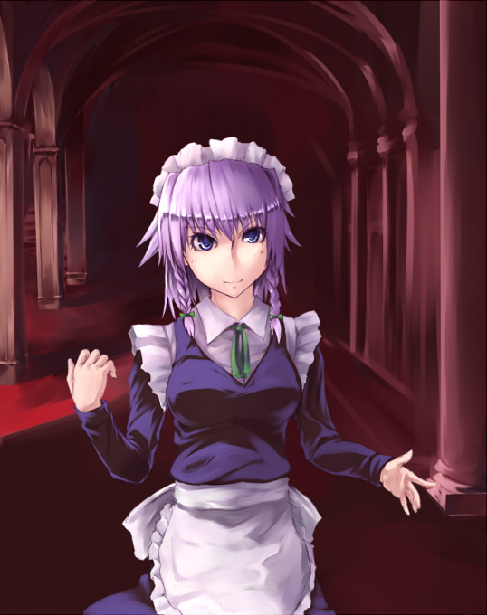 akino komichi, rokushou kokuu, izayoi sakuya, touhou, silver hair, 1girl, braid, female focus, short hair, solo, twin braids