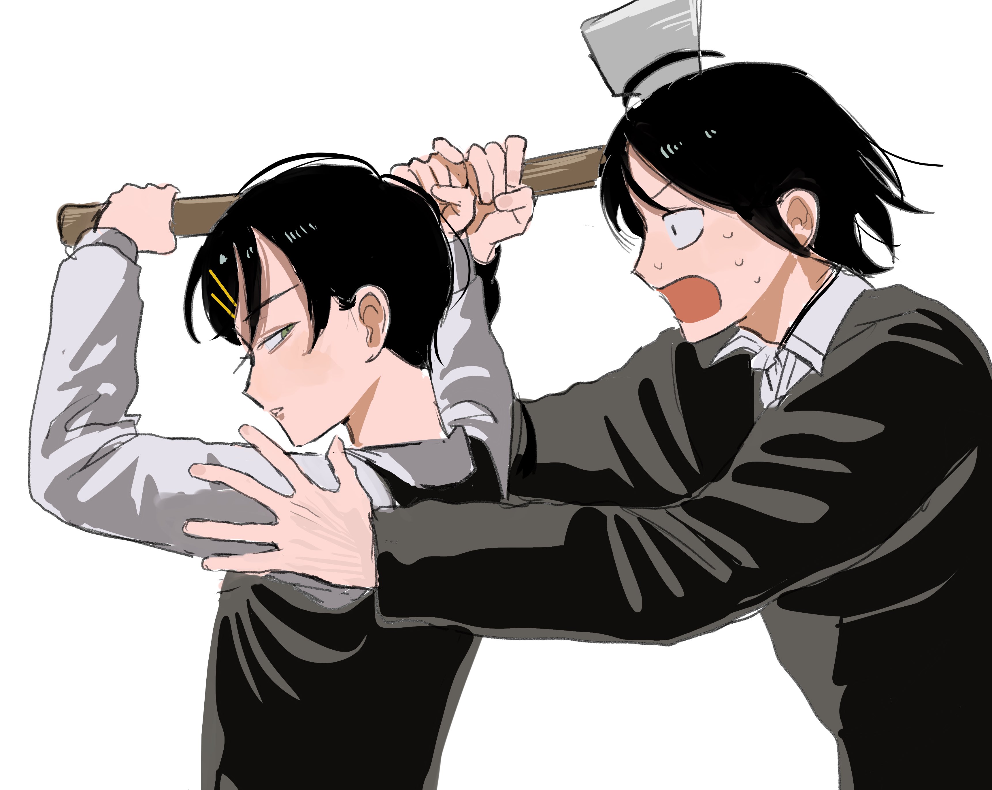qrioic74, kouyama rin, taguchi ryuuya, futsuu no keion-bu, small pupils, absurdres, commentary request, highres, 1boy, 1girl, :o, axe, black hair, black sweater, black sweater vest, collared shirt, cousins, from side, grey shirt, hair ornament, hairpin, holding, holding axe, long sleeves, looking at another, nervous sweating, open mouth, panicking, pixie cut, profile, shirt, short hair, simple background, sweat, sweater, sweater vest, upper body, white background
