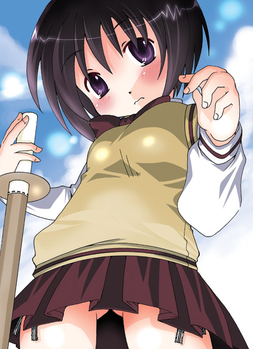 ayachin, kawazoe tamaki, bamboo blade, 00s, blush, panties, school uniform, serafuku, shinai, side-tie panties, solo, sweater vest, sword, underwear, upskirt, vest, weapon