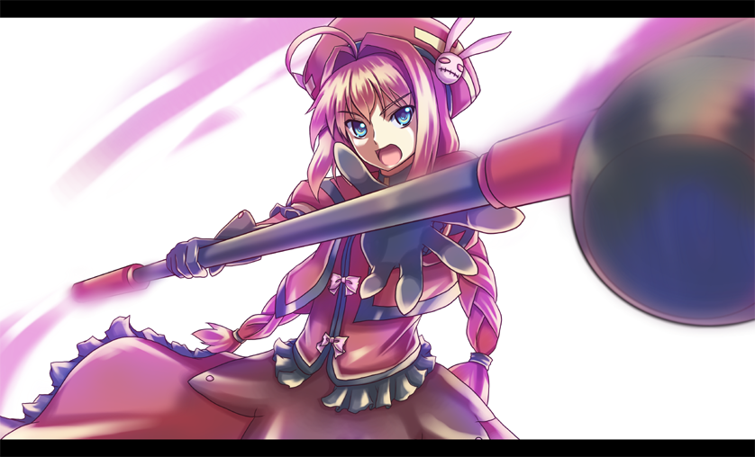 akiyasu, graf eisen, vita (nanoha), lyrical nanoha, mahou shoujo lyrical nanoha, mahou shoujo lyrical nanoha a's, 00s, 1girl, ahoge, blue eyes, braid, dress, female focus, hat, letterboxed, long hair, red hair, solo, twin braids