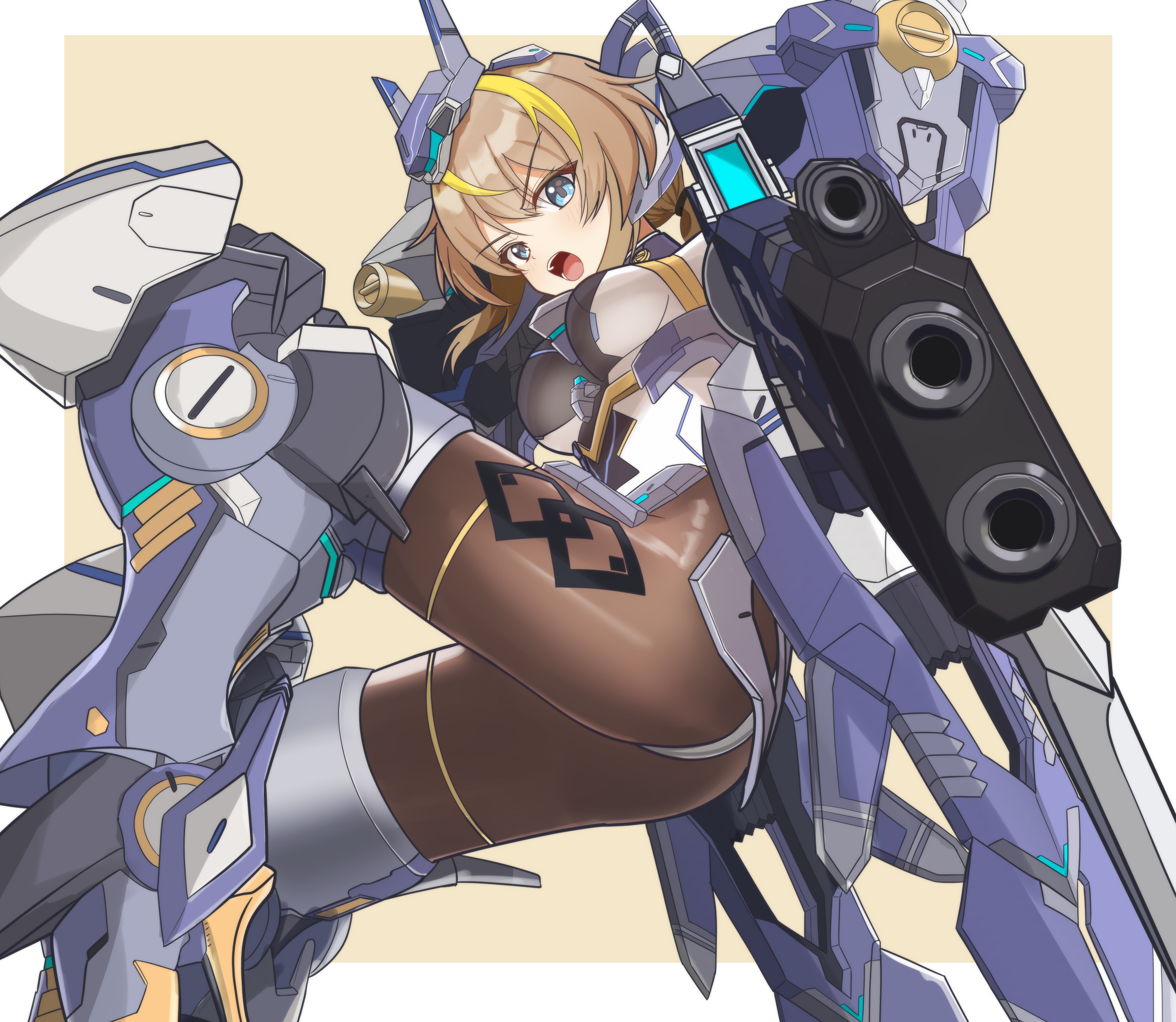 osunahanko, starward, absurdres, highres, 1girl, aiming, aiming at viewer, armored boots, beta (starward), black leotard, black pantyhose, blonde hair, blue eyes, boots, breasts, brown hair, covered navel, gun, hair between eyes, headgear, holding, holding gun, holding weapon, large breasts, leotard, looking at viewer, mecha musume, mechanical wings, multicolored hair, multicolored leotard, open mouth, pantyhose, sidelocks, simple background, solo, thrusters, two-tone hair, two-tone leotard, weapon, white leotard, wings