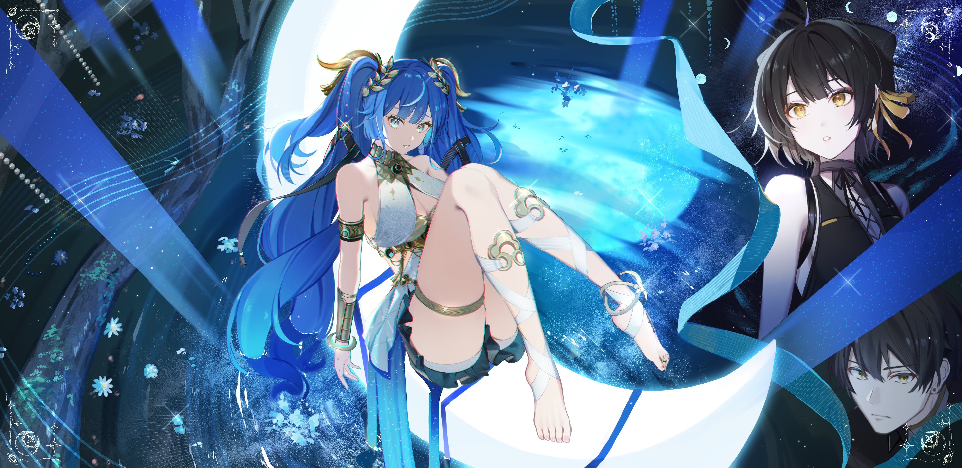yunoji (onigiri yumi09), female rover (wuthering waves), iuno (wuthering waves), male rover (wuthering waves), rover (wuthering waves), wuthering waves, absurdres, commentary request, highres, 1boy, 2girls, armlet, bare shoulders, barefoot, black hair, blue eyes, blue hair, breasts, cleavage, feet, full moon, gold bra, hair belt, jewelry, laurel crown, leg wrap, long hair, looking at viewer, medium breasts, moon, multicolored hair, multiple girls, parted lips, reflection, reflective water, streaked hair, thighlet, thighs, toes, twintails, vambraces, yellow eyes