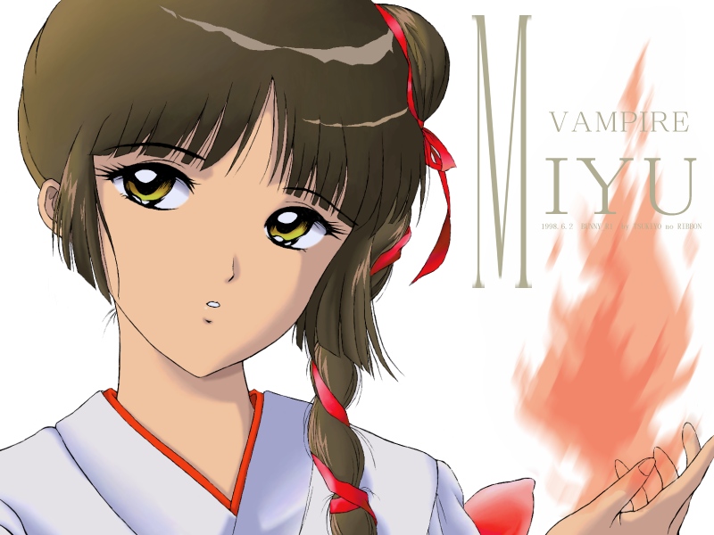 tsukiyo no ribbon, miyu (vampire princess miyu), vampire princess miyu, 1girl, blunt bangs, female focus, fire, hair bun, hair ribbon, ribbon, simple background, single hair bun, single side bun, solo, white background