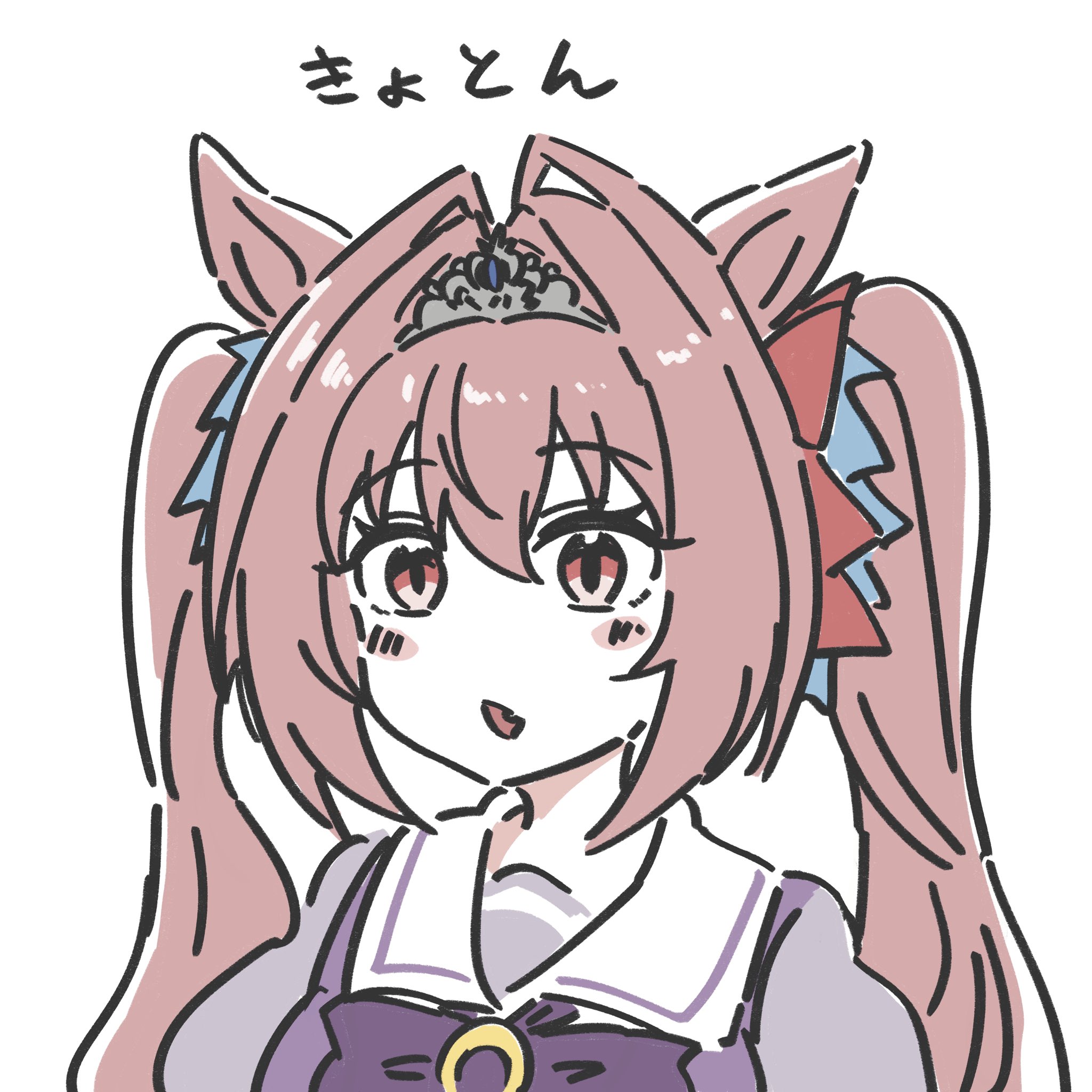 daiwa scarlet (umamusume), umamusume, highres, 1girl, animal ears, blush, blush stickers, bow, brown hair, fang, hair between eyes, hair intakes, horse ears, horse girl, itota (taikoubou), long hair, looking at viewer, open mouth, purple bow, purple shirt, red eyes, sailor collar, sailor shirt, school uniform, shirt, simple background, skin fang, solo, tiara, tracen school uniform, twintails, upper body, very long hair, white background, white sailor collar