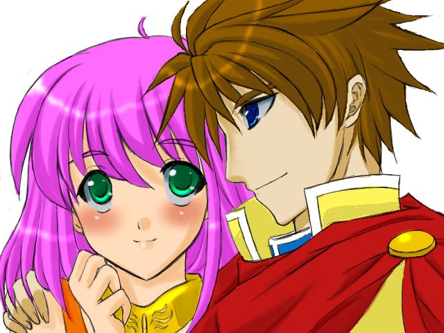 oonishi koala, bartz klauser, lenna charlotte tycoon, final fantasy, final fantasy v, 1990s (style), 1boy, 1girl, blue eyes, blush, couple, green eyes, hetero, hug, pink hair, short hair