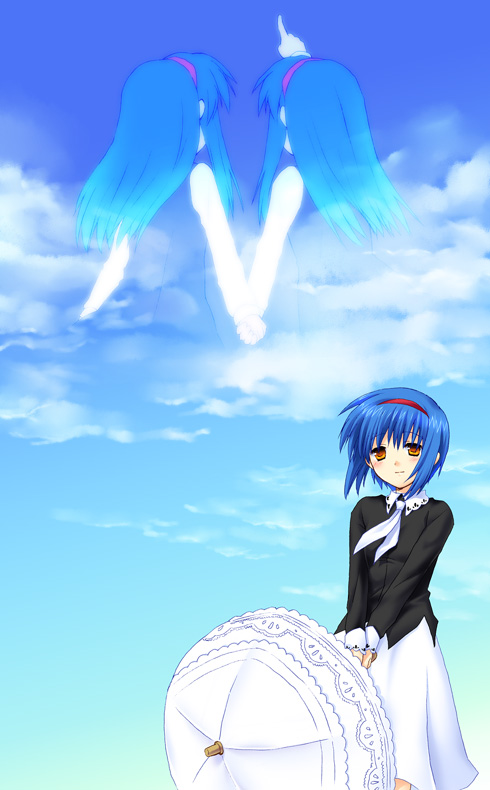 fuyuichi, nishizono mio, little busters!, 1girl, blue hair, cloud, day, female focus, hairband, necktie, parasol, projected inset, short hair, sky, solo, umbrella, yellow eyes