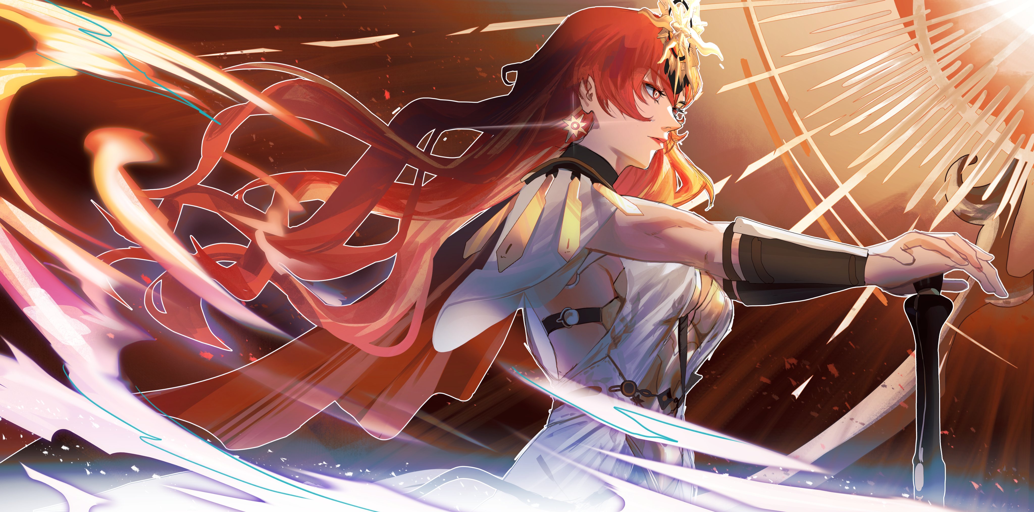 rythron4, augusta (wuthering waves), wuthering waves, absurdres, commentary, hashtag-only commentary, highres, 1girl, arm armor, armor, breastplate, breasts, closed mouth, earrings, from side, hand on hilt, headgear, jewelry, long hair, looking ahead, medium breasts, orange eyes, orange hair, solo, sun earrings, upper body