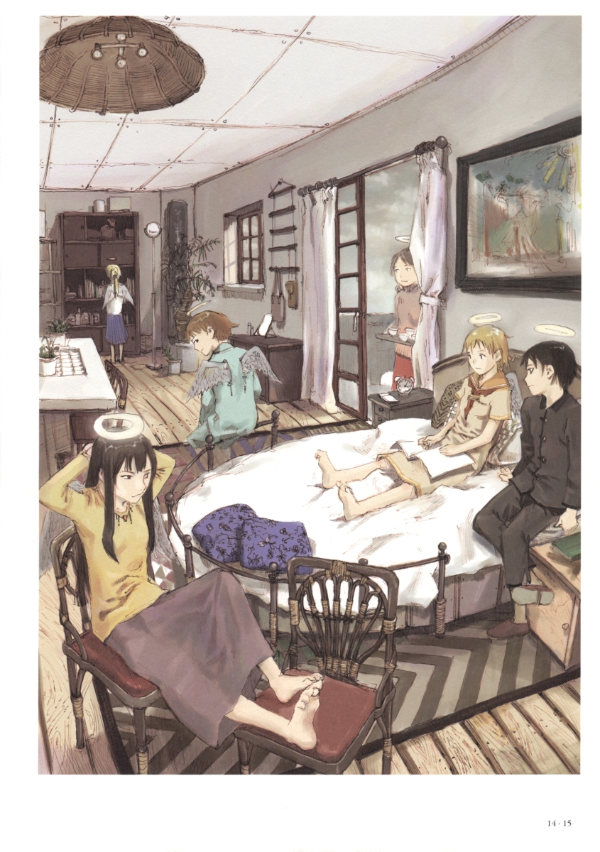 abe yoshitoshi, hikari (haibane renmei), kana, kana (haibane renmei), kuu (haibane renmei), nemu (haibane renmei), rakka (haibane renmei), reki (haibane renmei), haibane renmei, artbook, highres, 00s, 6+girls, androgynous, angel wings, arms at sides, black hair, blouse, brown hair, ceiling fan, cup, day, door, everyone, halo, indoors, jewelry, multiple girls, neckerchief, necklace, picture frame, plant, red neckerchief, reverse trap, shirt, short hair, sitting, standing, teacup, traditional halo, white shirt, wings, wooden floor