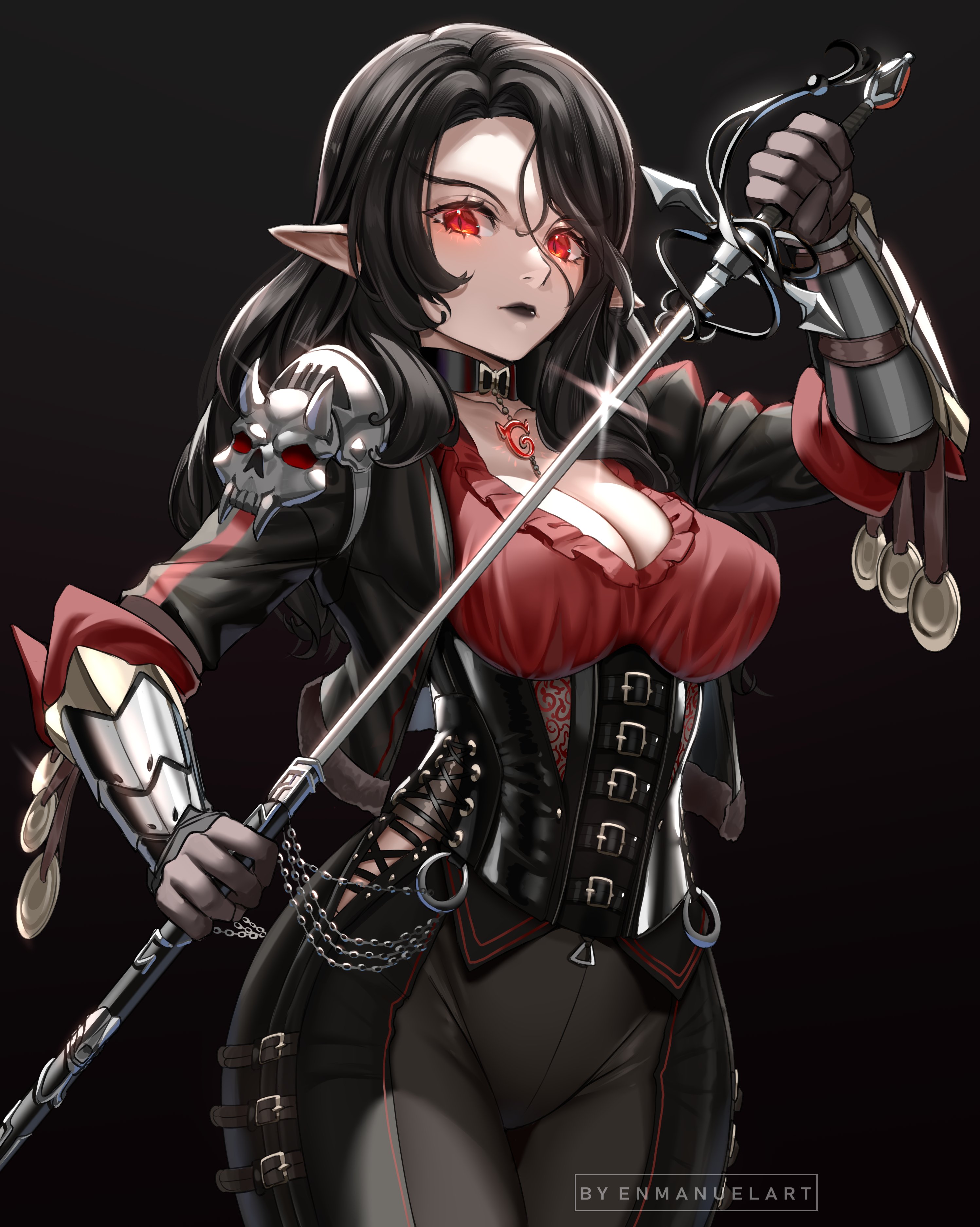 enma (enmanuelart), original, absurdres, commentary, commission, english commentary, highres, 1girl, arm armor, armor, artist name, belt, black background, black belt, black choker, black corset, black gloves, black hair, black jacket, black lips, black pants, breasts, choker, cleavage, closed mouth, collarbone, corset, cowboy shot, eyelashes, frilled shirt, frills, gloves, glowing, glowing eyes, gradient background, hair between eyes, holding, holding sheath, holding sword, holding weapon, jacket, large breasts, light frown, lips, long hair, long sleeves, looking at viewer, multiple belts, nose, open clothes, open jacket, pants, pointy ears, red eyes, red shirt, ribbon-trimmed pants, scabbard, sheath, shirt, shoulder armor, skull ornament, slit pupils, solo, sparkle, standing, sword, thigh belt, thigh strap, watermark, weapon