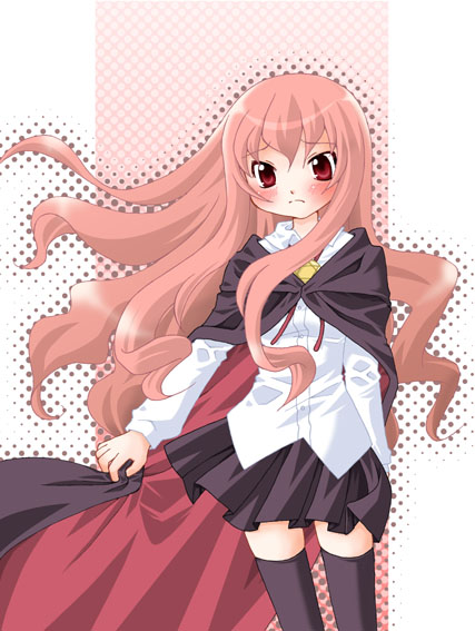 ayachin, louise francoise le blanc de la valliere, zero no tsukaima, artist request, md5 mismatch, 00s, 1girl, blush, cloak, female focus, frown, pentacle, skirt, solo, thighhighs, zettai ryouiki