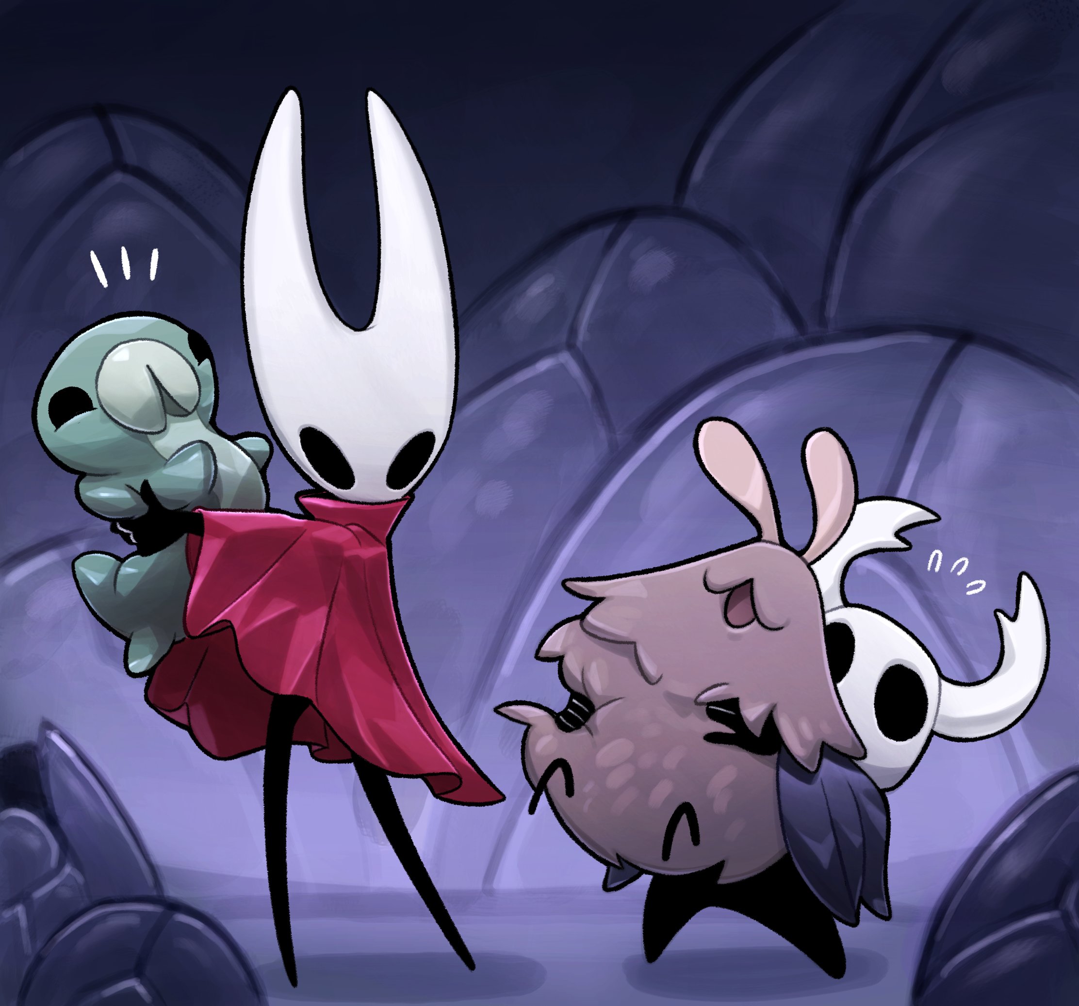 flea (hollow knight), grub (hollow knight), hornet (hollow knight), knight (hollow knight), hollow knight, hollow knight: silksong, highres, 1girl, 3others, black eyes, blue cloak, cloak, ddrewb, grey background, multiple others, red cloak