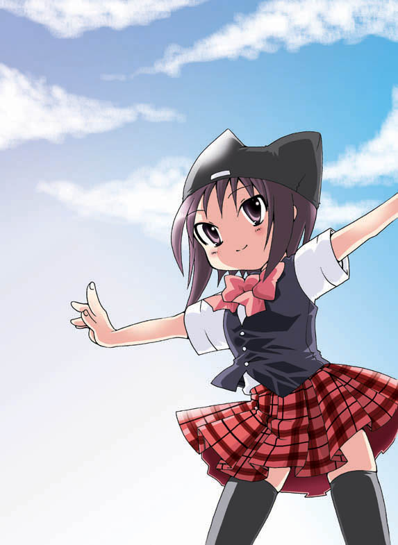 ayachin, kawazue akira, p2! let's play pingpong, bow, bowtie, cloud, day, hat, sky, smile, solo, thighhighs, zettai ryouiki