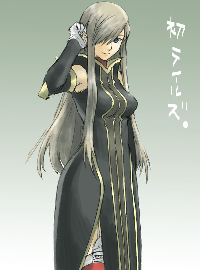 tetsu (kimuchi), tear grants, tales of (series), tales of the abyss, 00s, 1girl, armpits, bare shoulders, blue eyes, breasts, brown hair, closed mouth, collar, female focus, garter straps, gloves, gradient background, hair over one eye, long hair, red thighhighs, sidelocks, smile, solo, thighhighs