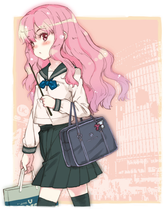 murasawa hiroshi, louise francoise le blanc de la valliere, zero no tsukaima, artist request, 00s, bag, blush, flat chest, long hair, pink eyes, pink hair, school uniform, serafuku, solo, thighhighs, wand, zettai ryouiki