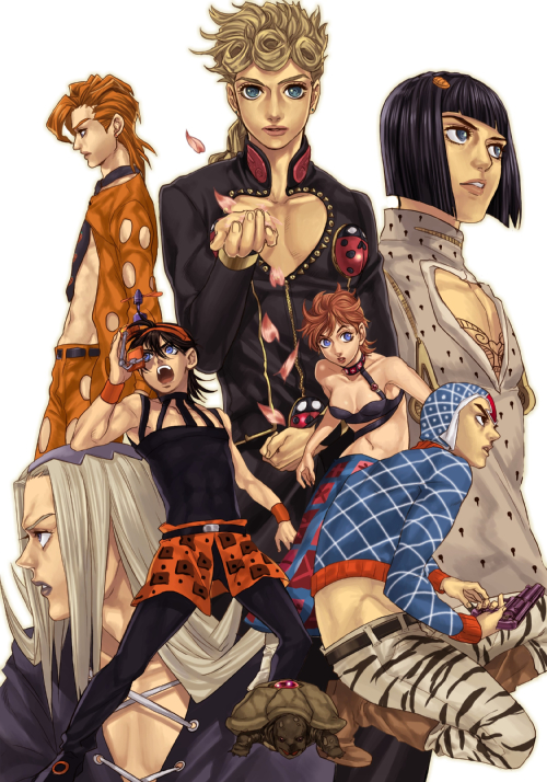 icym, bruno bucciarati, coco jumbo, fugo pannacotta, giorno giovanna, guido mista, leone abbacchio, narancia ghirga, pannacotta fugo, trish una, jojo no kimyou na bouken, vento aureo, silver hair, bad id, bad pixiv id, 1girl, 6+boys, animal print, bare shoulders, belt, black hair, blonde hair, blue eyes, bob cut, boots, braid, breasts, brown eyes, bug, cleavage, grey eyes, gun, hair ornament, hairclip, hat, headband, insect, ladybug, lipstick, long hair, makeup, medium breasts, midriff, multiple boys, navel, necktie, orange hair, pectoral cleavage, pectorals, petals, short hair, stand (jojo), tiger print, turtle, weapon, zipper