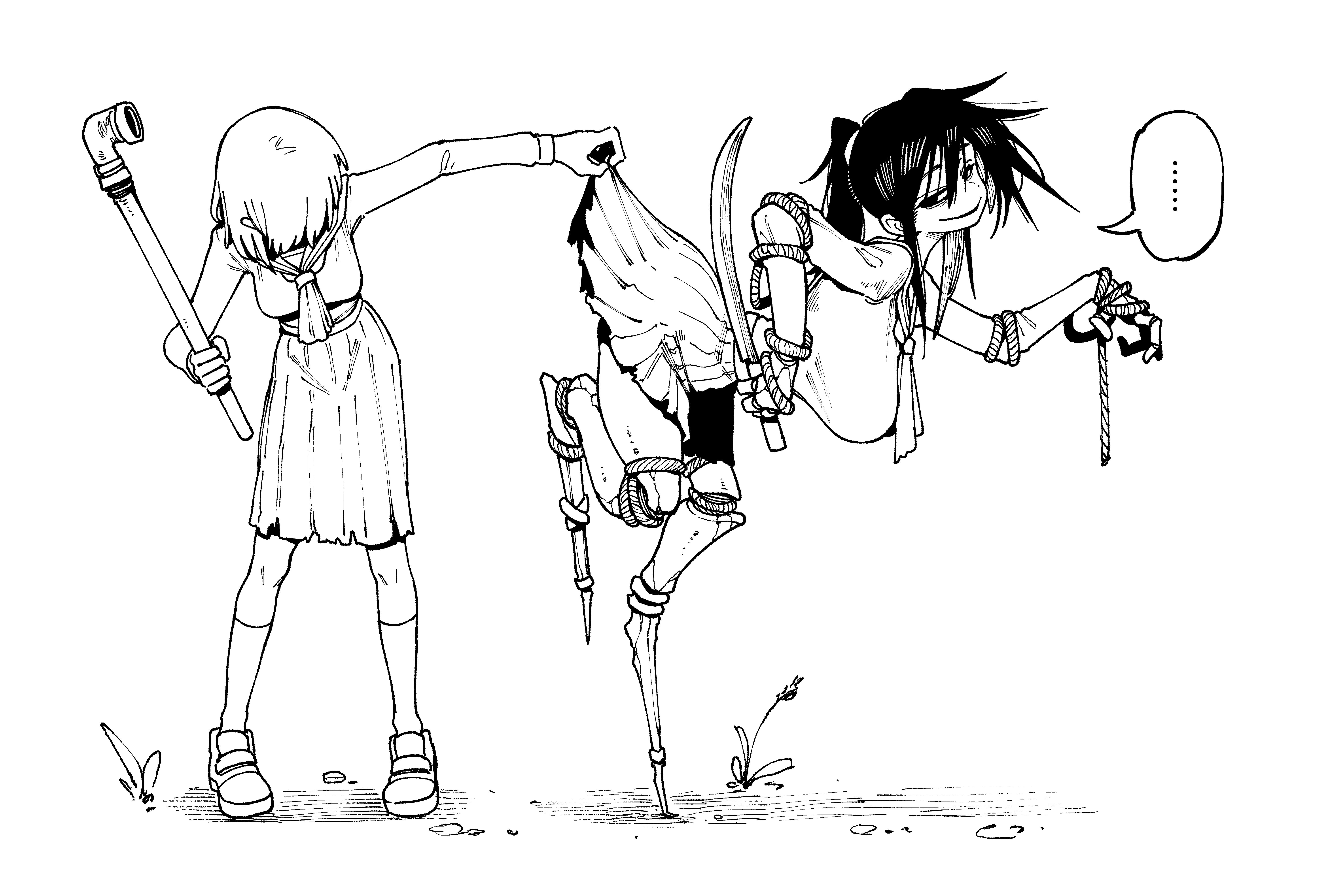 karasu raven, ayakakashi, shimizu hinako, silent hill, silent hill (series), silent hill f, ……, 2girls, ass, black hair, breasts, breasts size, clothes lift, clothes pull, female focus, height difference, holding, holding knife, holding weapon, huge ass, huge breasts, knife, large breasts, long skirt, looking at another, monster, monster girl, multiple girls, peeking, ponytail, pulling, pulling up skirt, sailor collar, school uniform, short hair, skirt, skirt hold, skirt lift, skirt pull, under skirt, weapon
